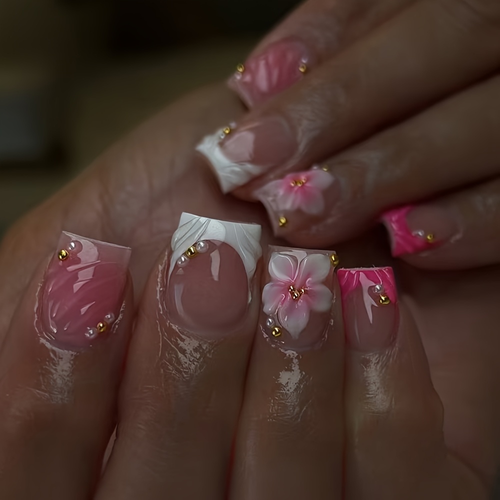 TEMU 24pcs Short Square 3d Gel Nail Stickers For Nails, Full Cover Y2k Fake Nails, French Manicure, Removable Acrylic False Nails, , Suitable For