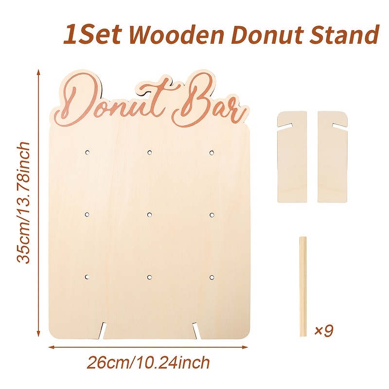 E-shop 1 Set, Natürlicher Holz-Donutständer, Dessert-Displayhalter mit Säulen-Donut-Schild, Happy Birthday Party Tischdekoration, Dusche Party Zubehör,