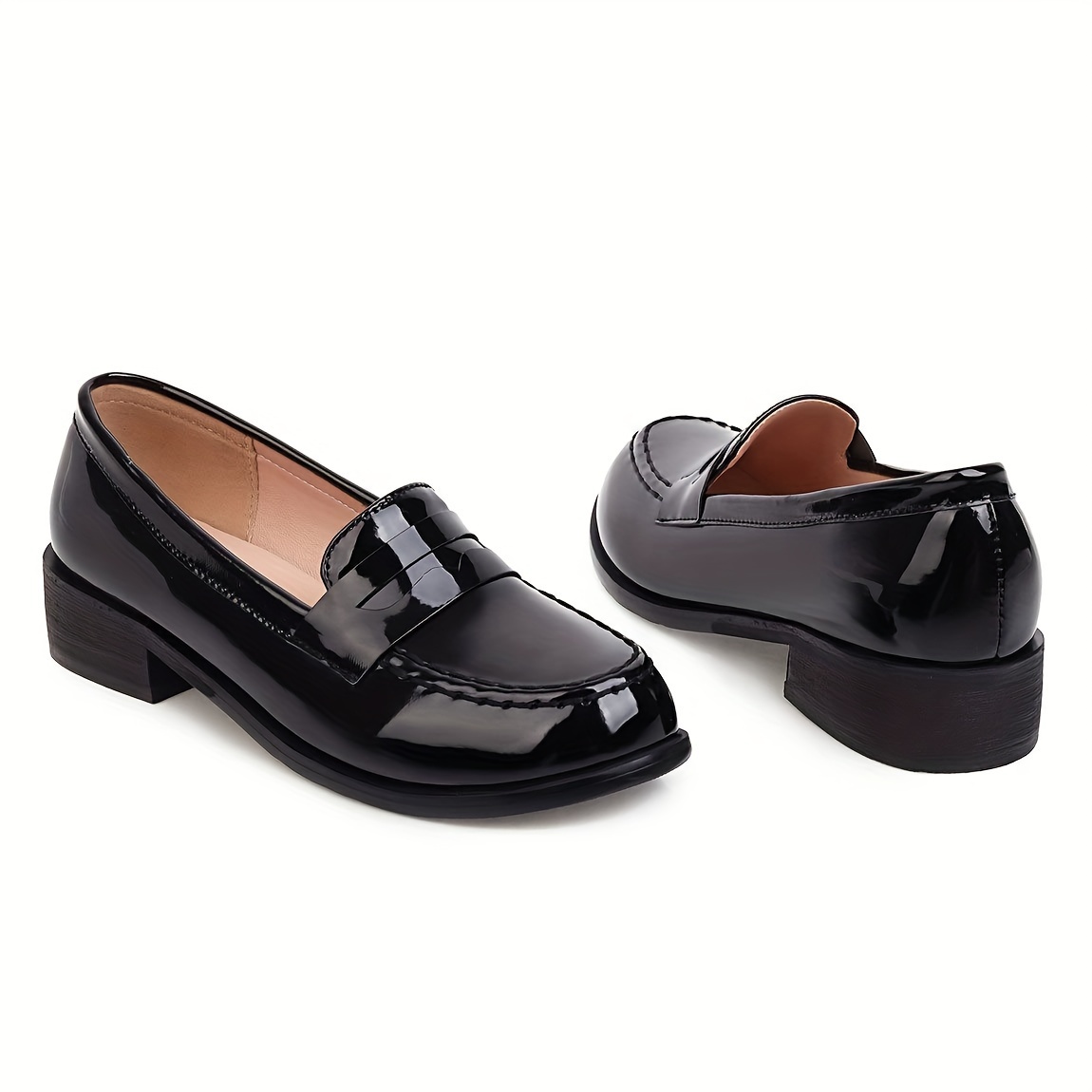 patent leather loafers women s low chunky heel slip pumps details 4