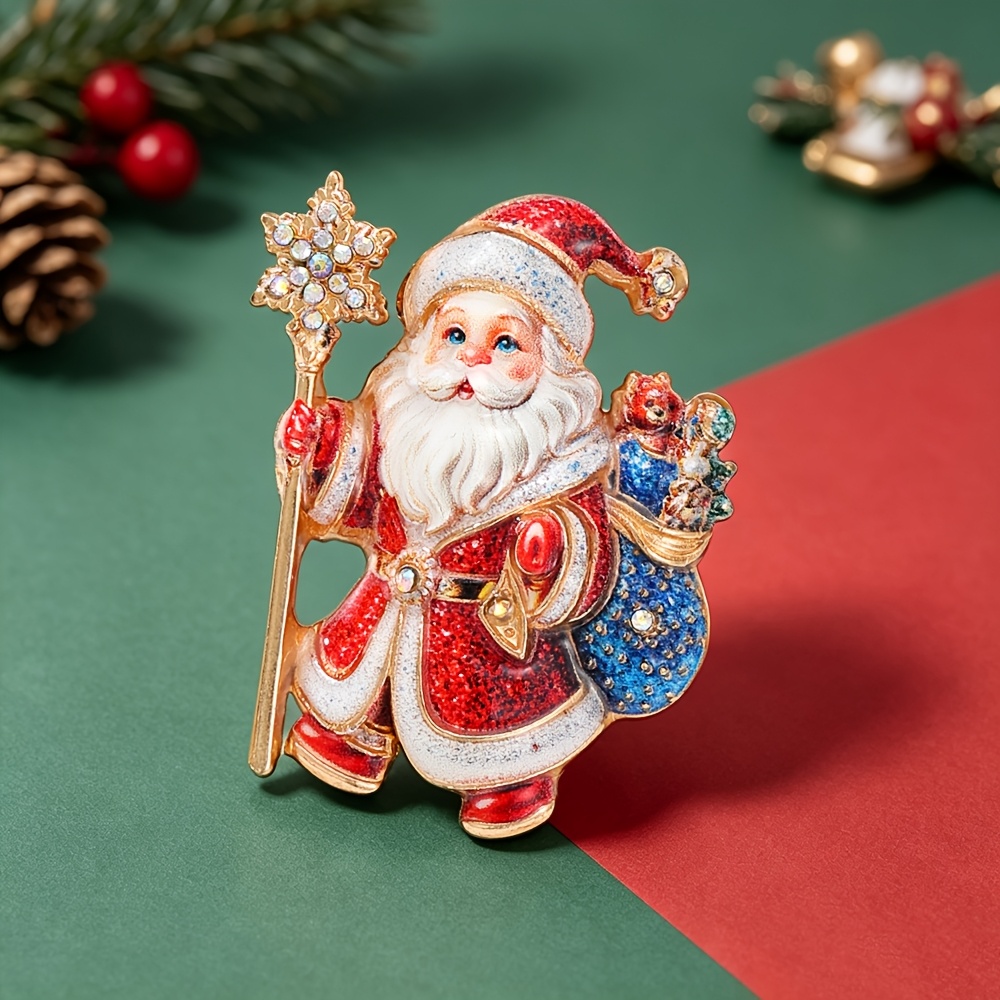TEMU Broche SOLEVDO Père Noël à Paillettes Rouges avec Baguette de Neige et Épingle de Dos Sac à Cadeaux - Strass Rétro Adaptée aux Pulls, Manteaux,