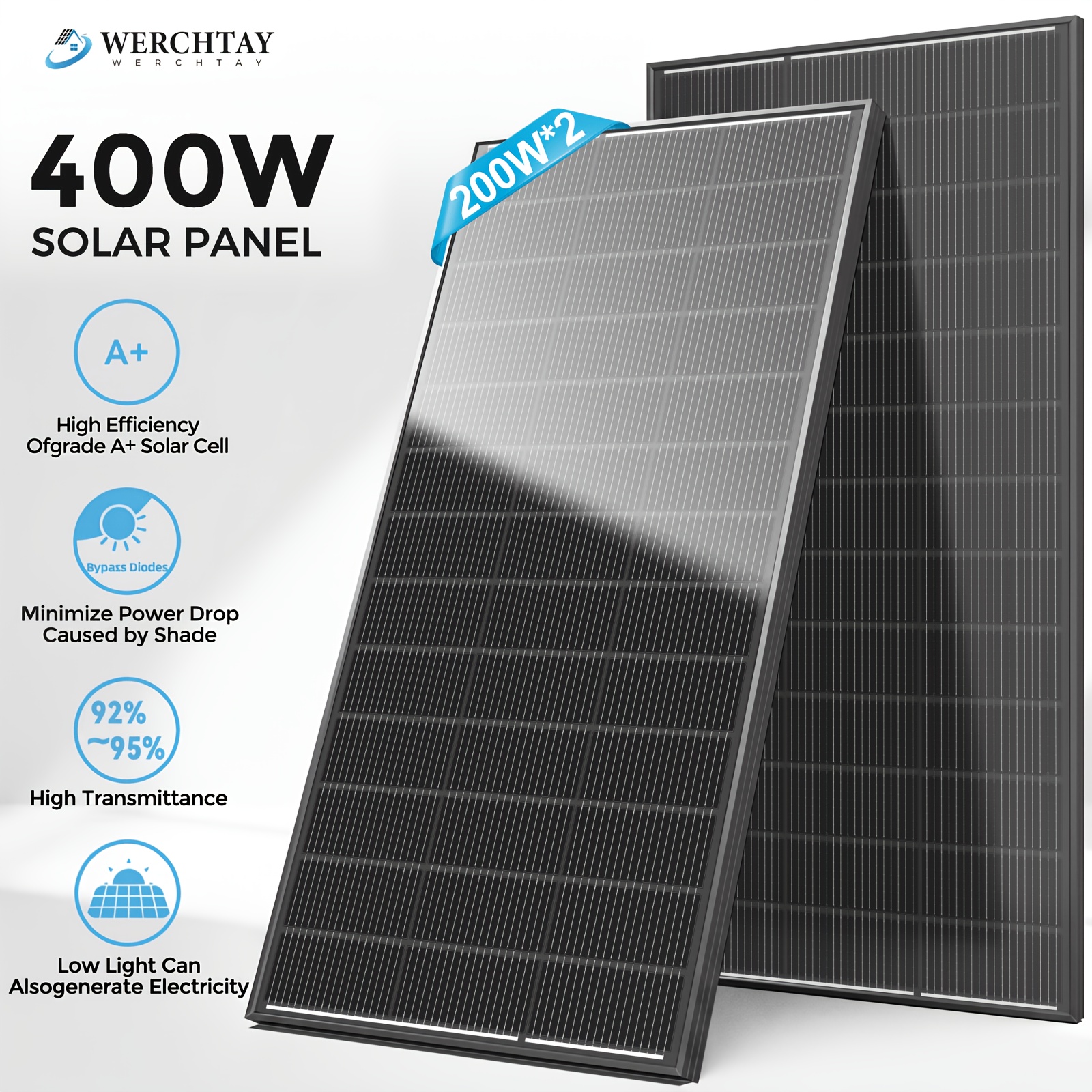 TEMU Werchtay , 12v Monocrystalline, 2pcs, 200w High-efficiency A+ Grade Solar Photovoltaic Module Battery Charger, Suitable For Home Roofs,
