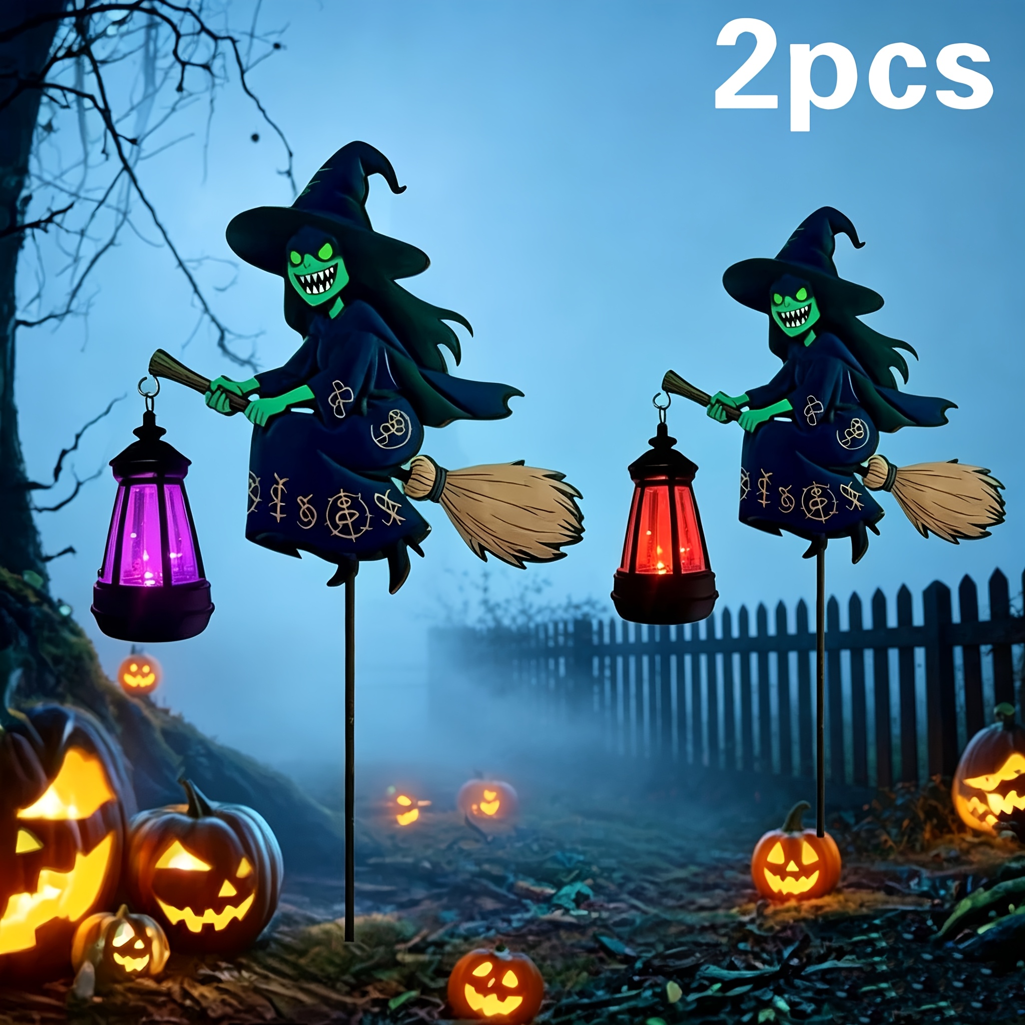 TEMU Outdoor Solar Powered Halloween Witch Lawn Light, Cast Iron Material Solar Led Lantern With Color Or Warm White Light, Sunlight, Outdoor Display