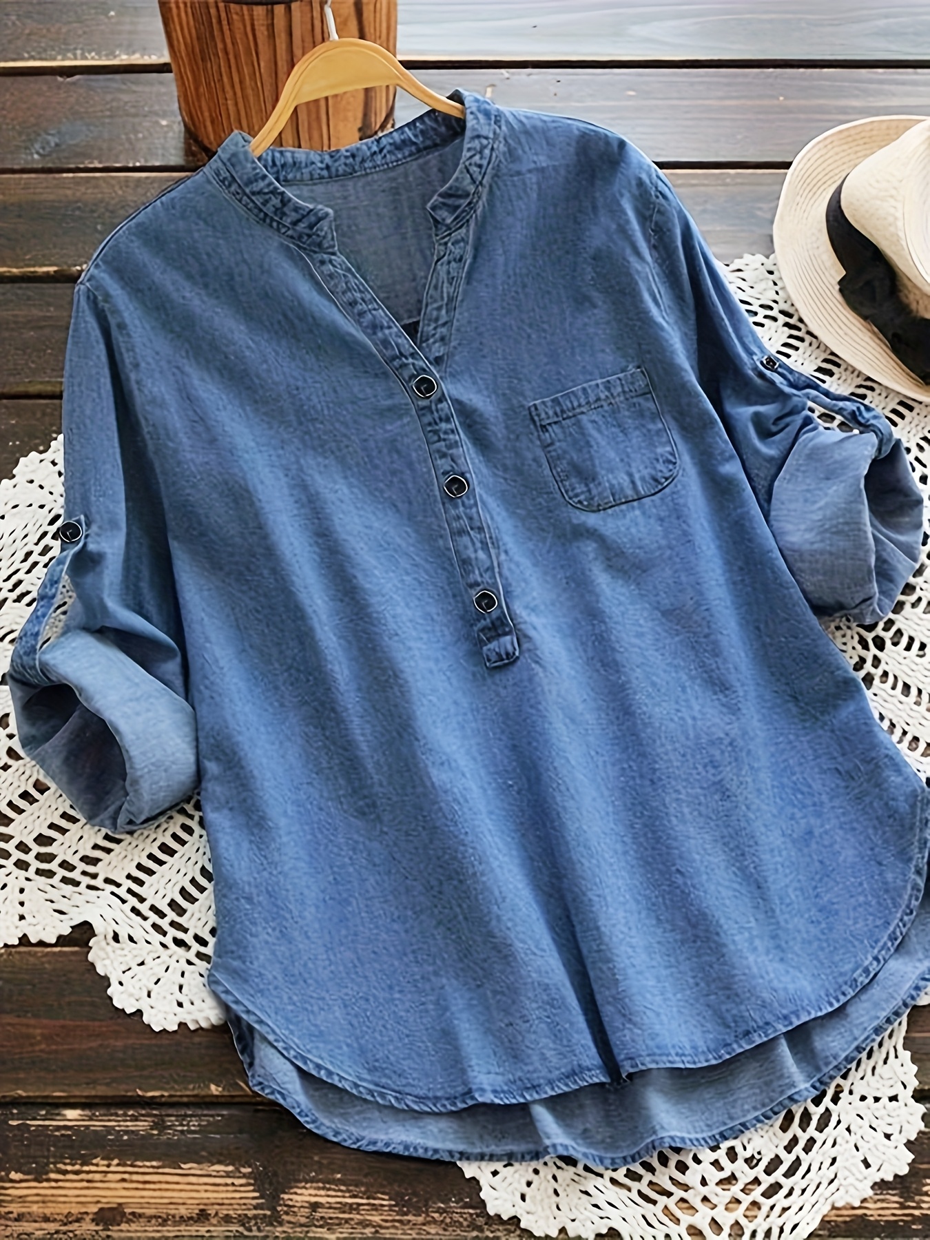Women's Casual Denim Pocket Shirt Top