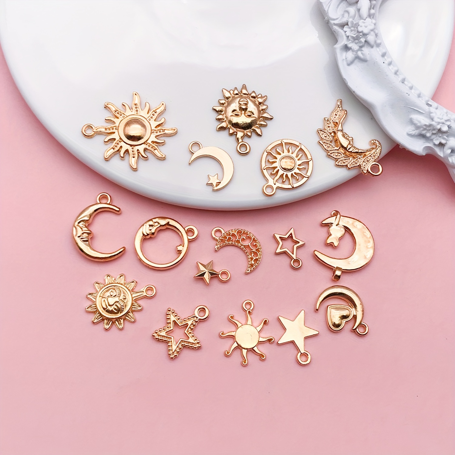 

16pcs Golden Sun Moon Star Pendants For Diy Necklace Bracelet Jewelry Making