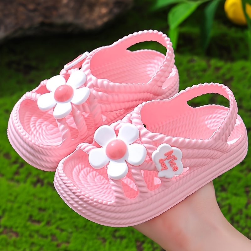 Girls' Summer Sandals with Floral Accents - Breathable EVA Slip-On Beach Shoes, Lightweight Soft Sole for Outdoor Play & Casual Wear, Cute Flower Design in Pink, Purple, Beige, Shoes for Girls, Playful Youngsters Footwear, Cushioned Comfort Insole