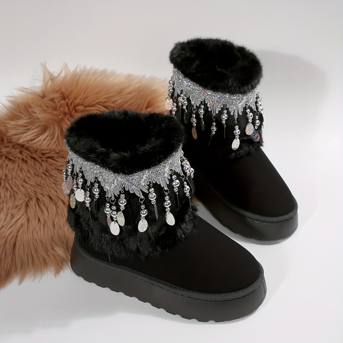 TEMU Sizes 36-43 In 8 Options, With 3 Specifications From. Women's Ethnic Style Plush Mid-calf Boots In Beige, Brown, And Black Colors, Featuring