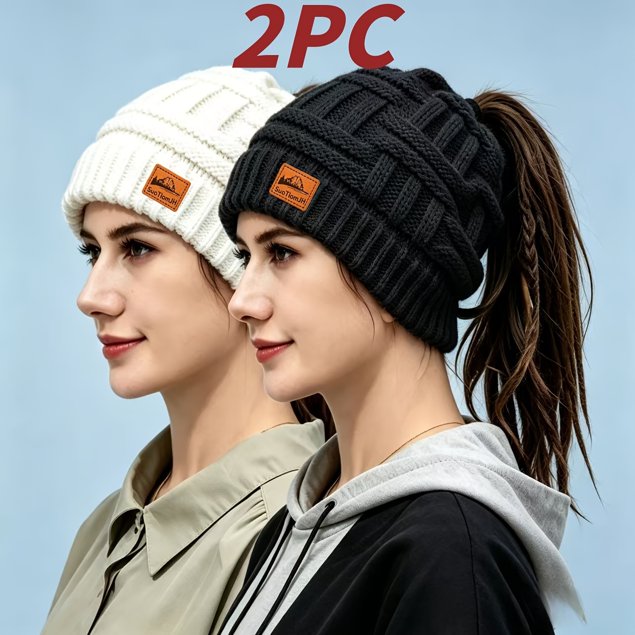 TEMU 2pcs Bonnets de queue de cheval tricotés pour femmes, Bonnet de queue de cheval / Chapeau chignon désordonné / Chapeau dreadlocks avec ouverte,