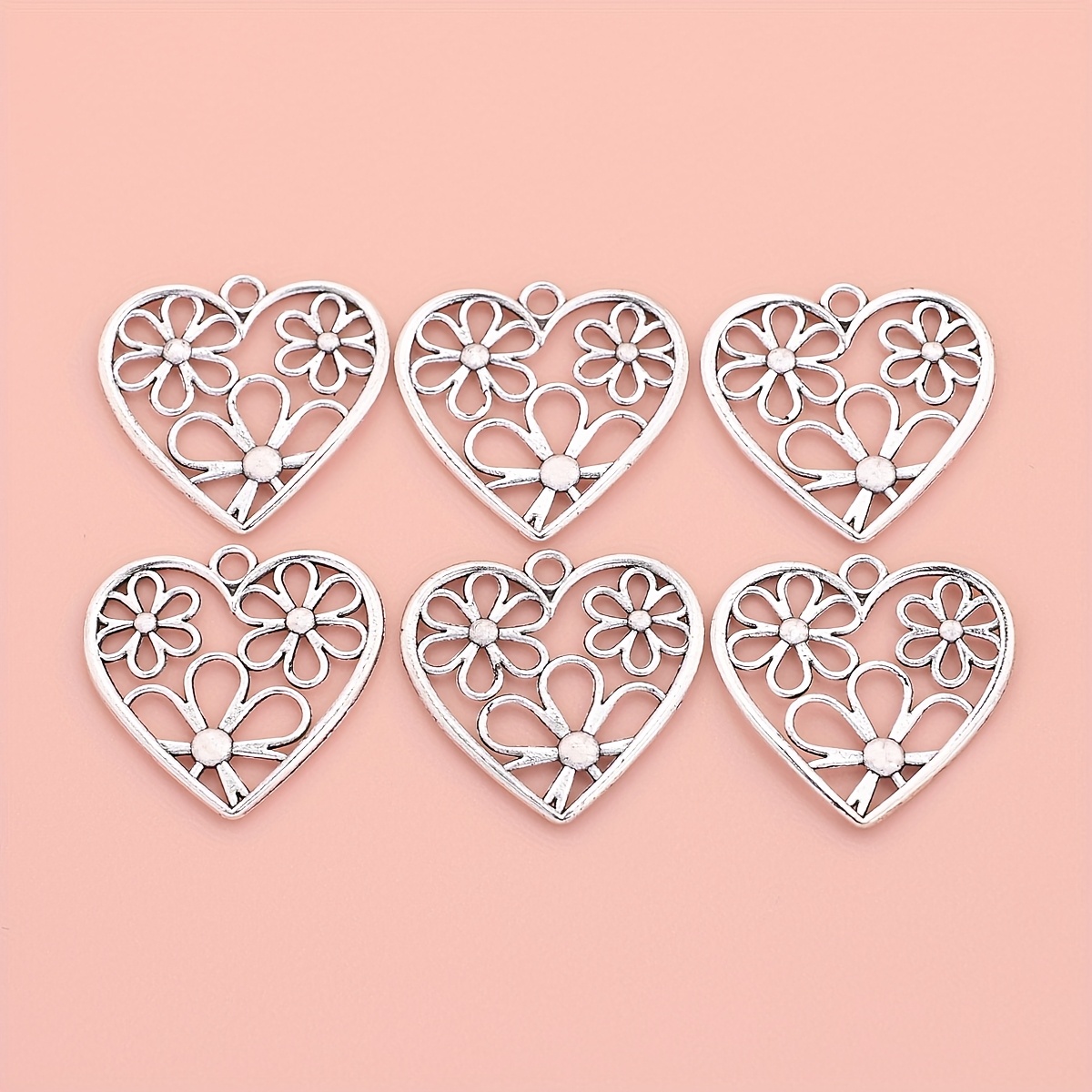 E-shop 10 Stück Romantische Blumenherz-Anhänger Doppelseitig Antik Silberfarben Zinklegierung Zubehör für Armbänder, Halsketten, Ohrringe,