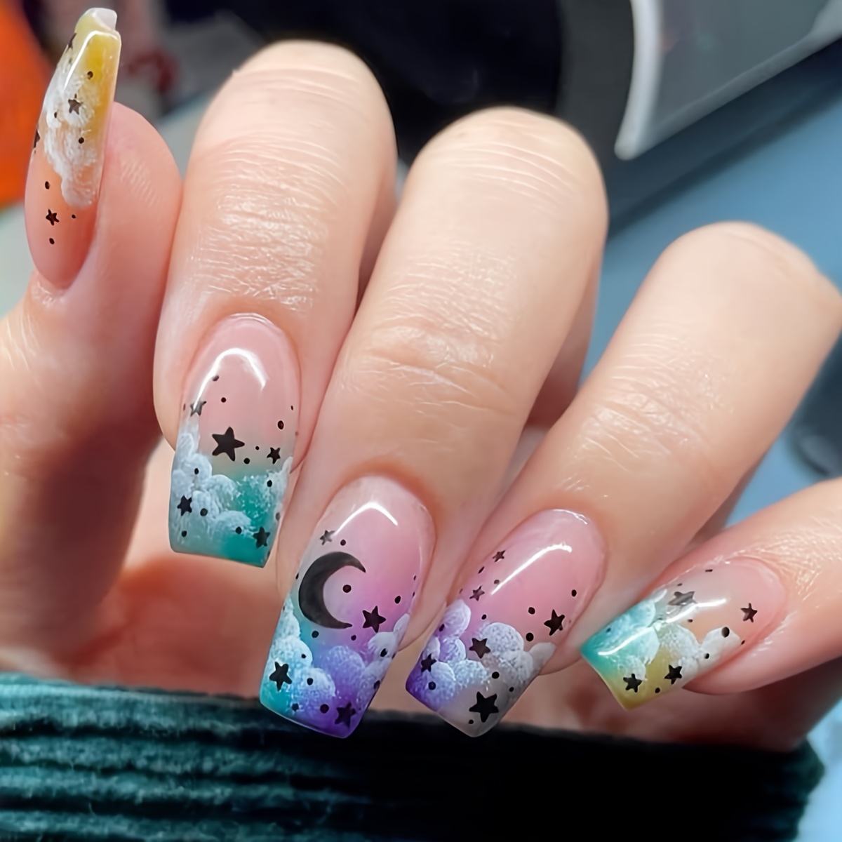 TEMU Upgrade Your Nail 24pcs With Colorful Cloud Patterns Press-on False Nails Full Coverage Artificial Square Acrylic Nails Press-on Reusable Nail
