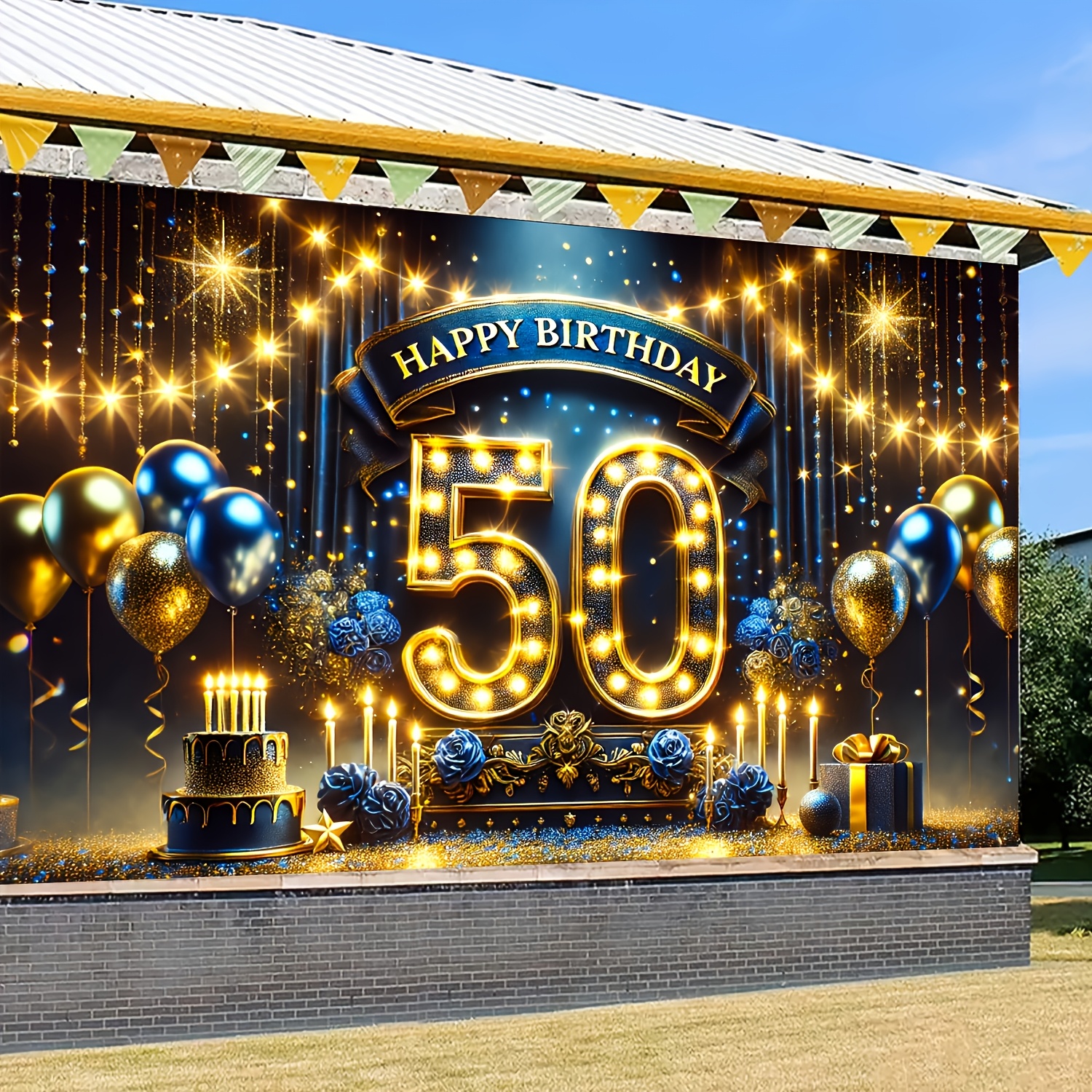 

Elegant 50th Birthday Celebration Banner - Large Polyester Photo Backdrop 179.83 X 109.73cm, Golden & Black, Ideal For , Party Decor, No Power Required, Party Supplies