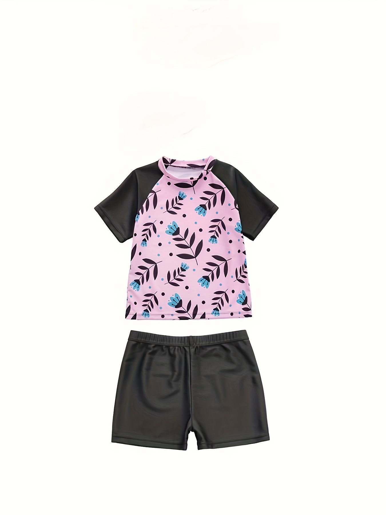 Leaf Print Girl's Swimsuit Stretchy Short Sleeve Swimwear - Temu United  Kingdom