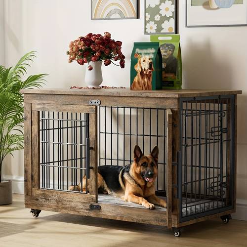 43 36 29 27 style wooden dog crate with anti slip mat adjustable door in gray brown easy to move with wheels or stable with anti slip pads easy to cage ideal for room or bedroom