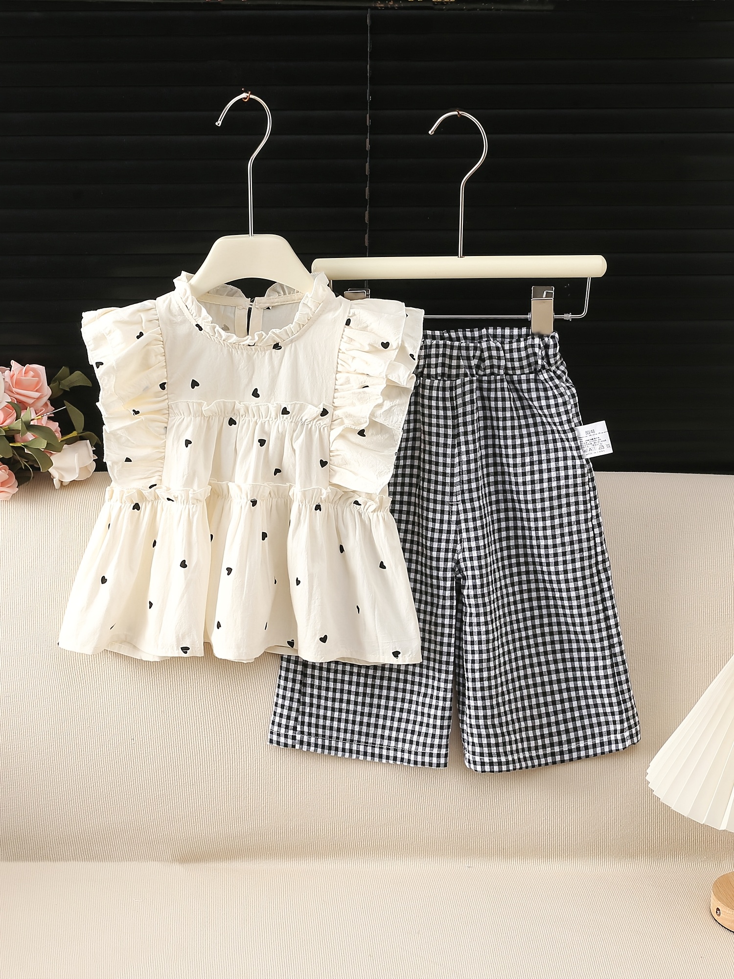 2pcs set heart print puff sleeve top plaid pants set for baby girls fashionable lightweight spring summer clothes suitable for   vacations beach school streetwear weddings birthdays holidays the   for a gift for girls
