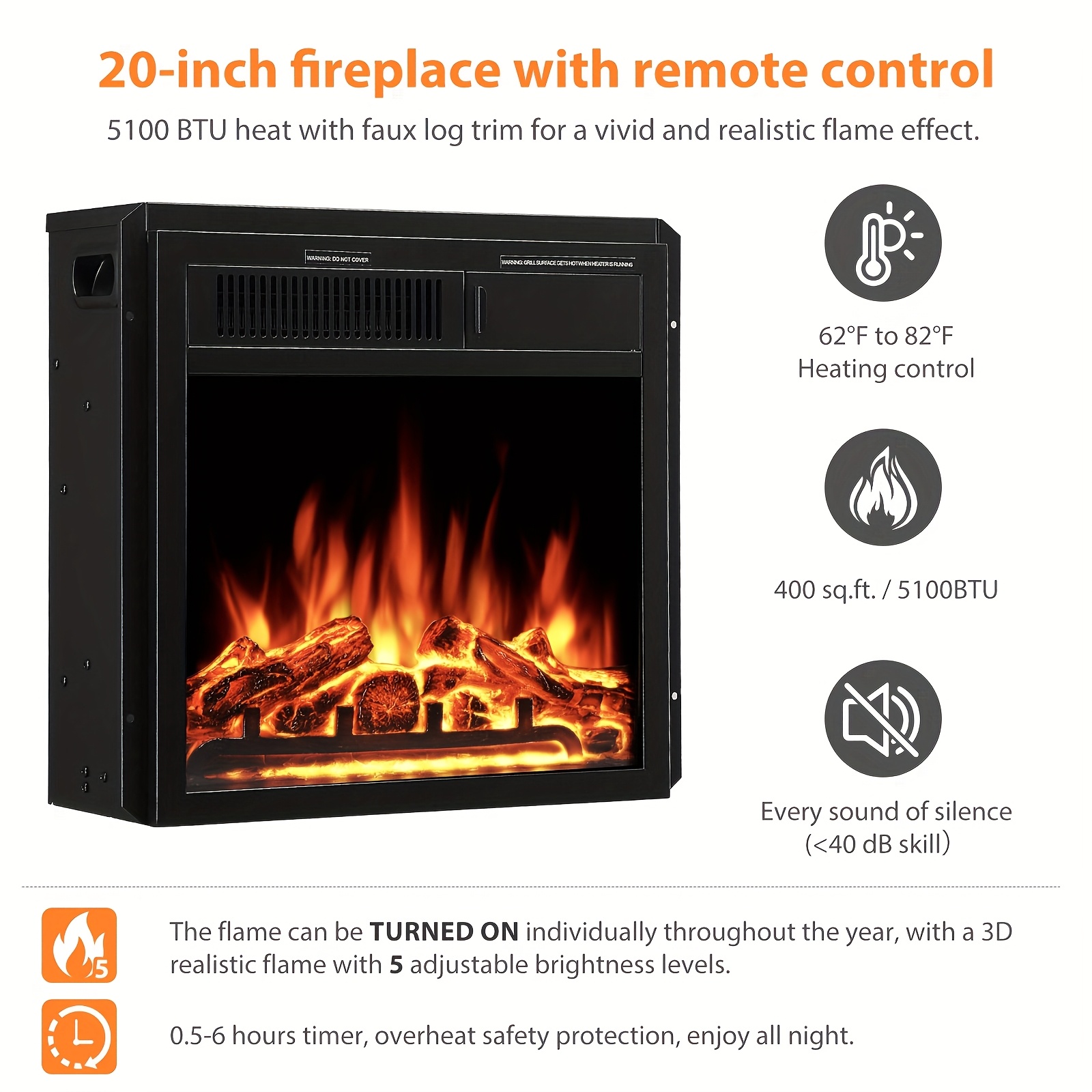 

36" Wall-mounted Electric Fireplace With Remote - 1500w, Adjustable 5-color , Energy- Led Heater, Protection For Cozy Decor