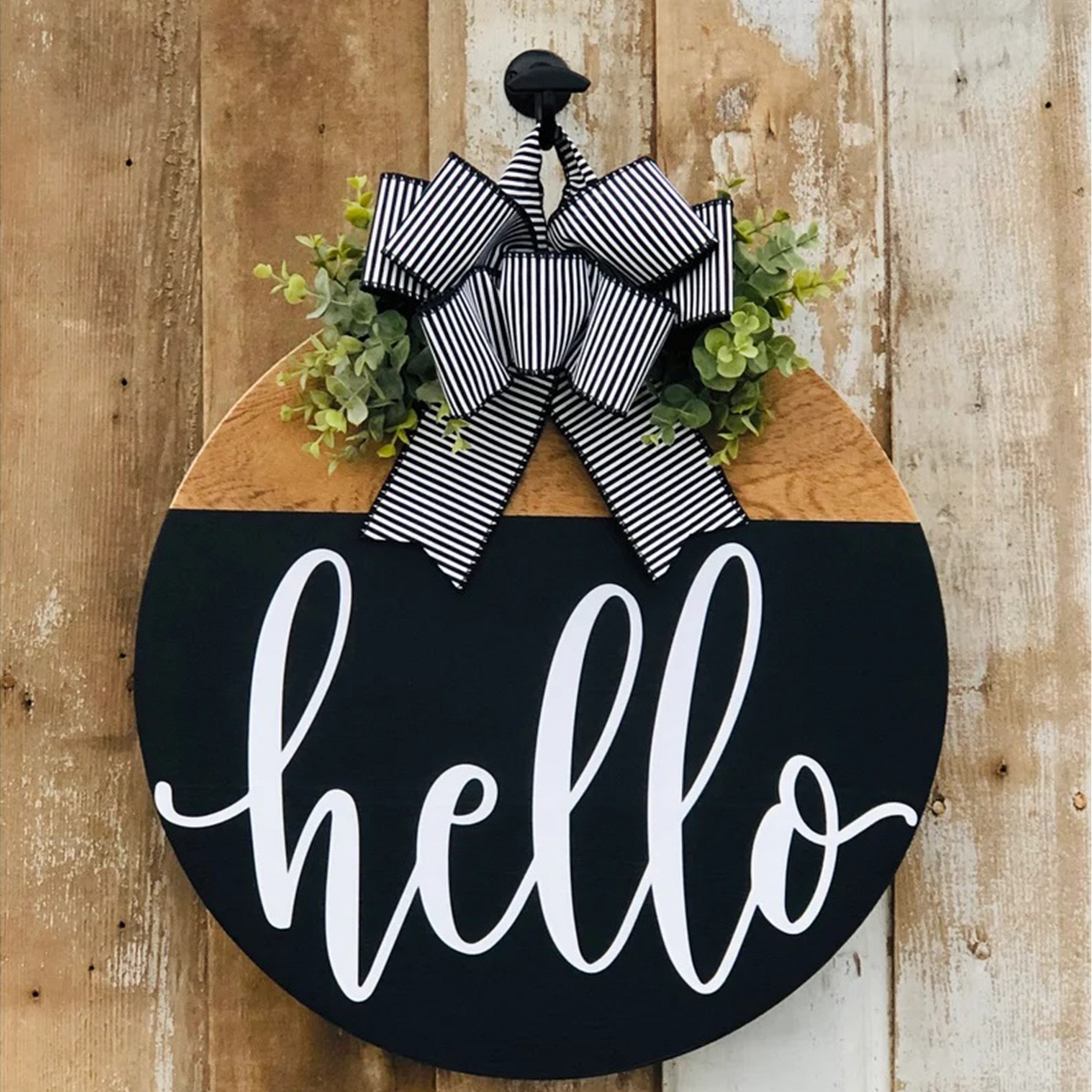 

Hello Door Wreath, Front Door Decor, Black Door Hanger, Hello Door Hanger, Wreath For Front Door, Wood Door Sign, Round Door Hanger