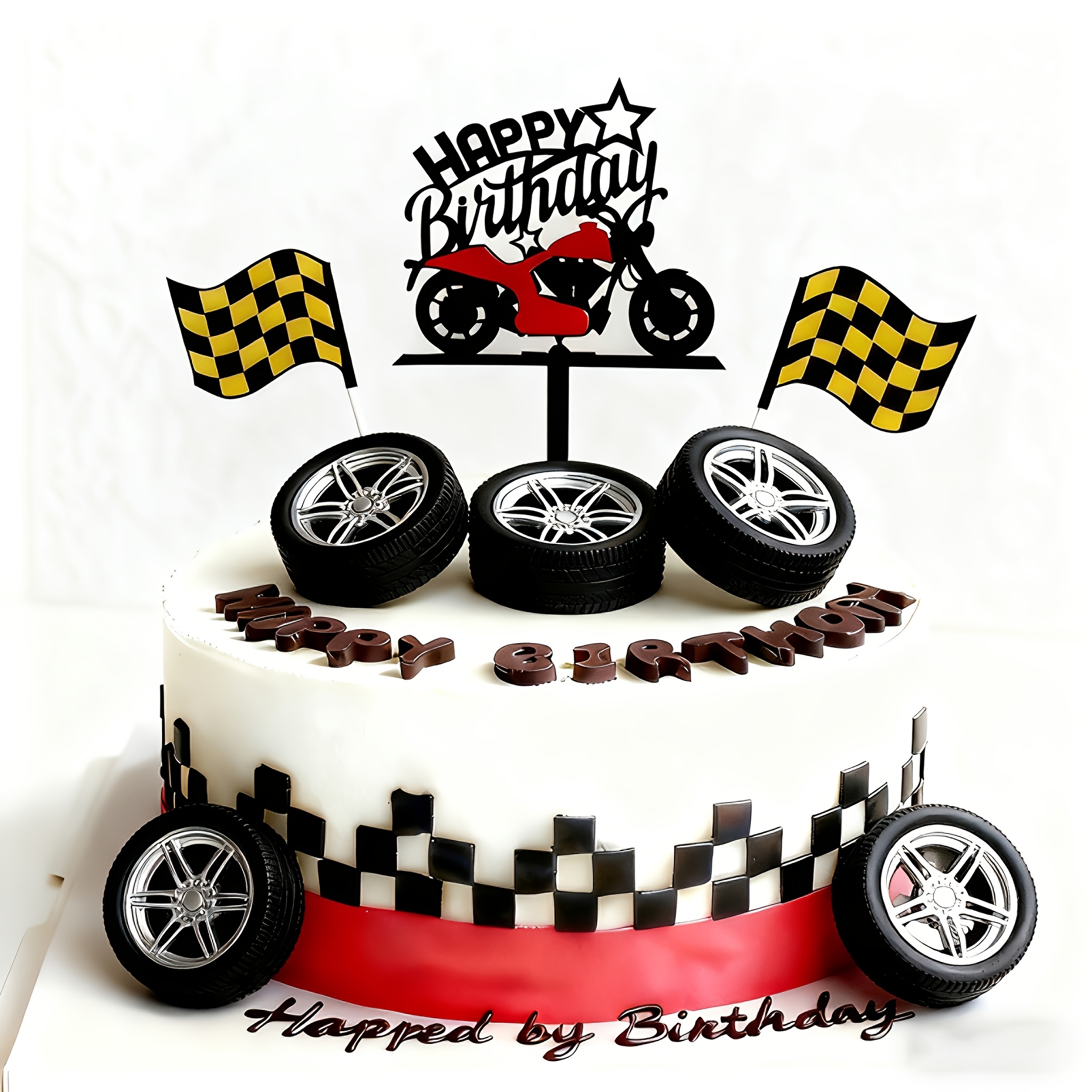 Image of 8pcs Racing Theme Happy Birthday Cake Decoration Set, Flag Motorcycle Theme Birthday Supplies For 8-inch And 10-inch Cakes, Halloween, Christmas