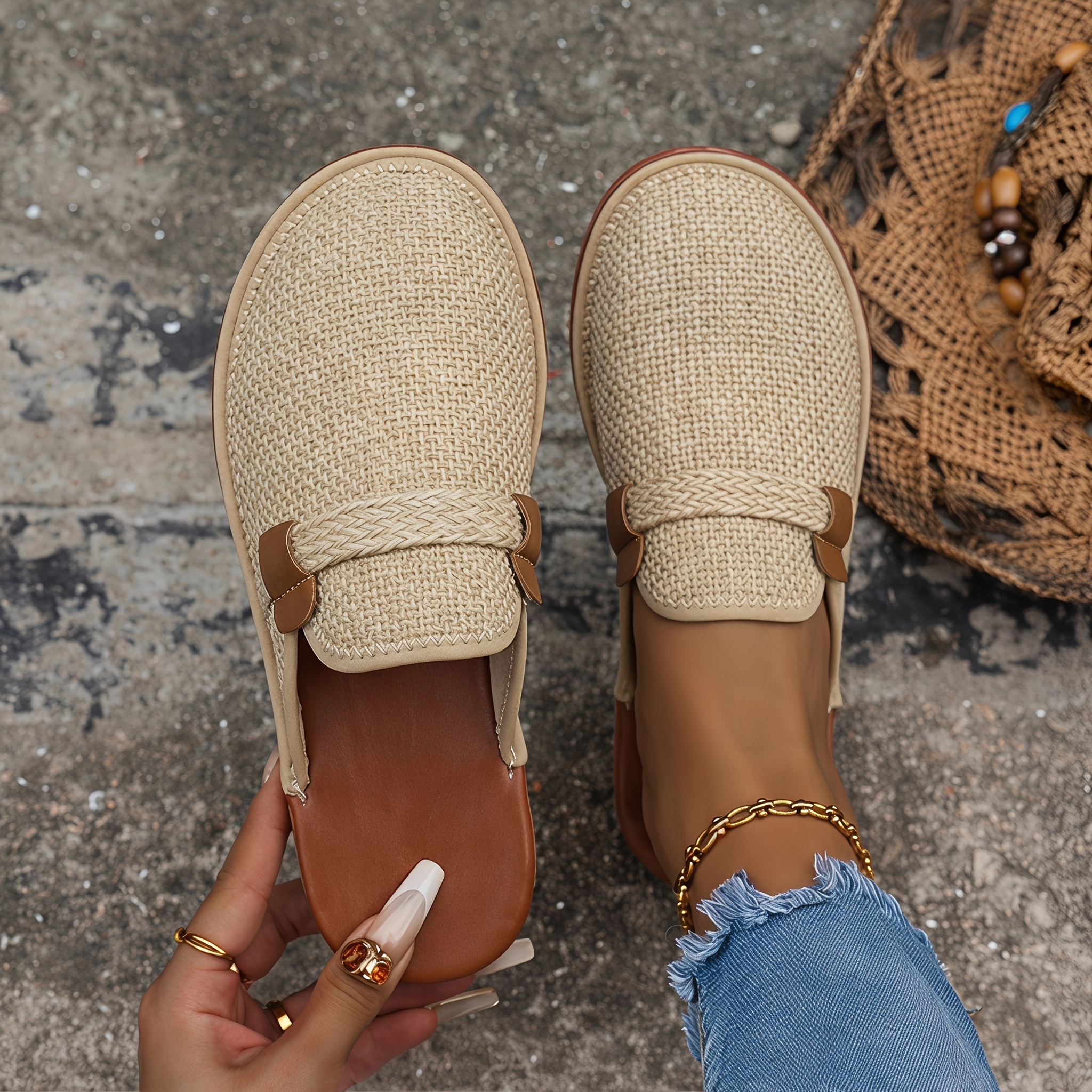 TEMU Women's French Retro Woven Mule, Easy All-match Pastoral Bag-head Half, Lazy Commute Vacation Flat Casual Slides, Women Shoes