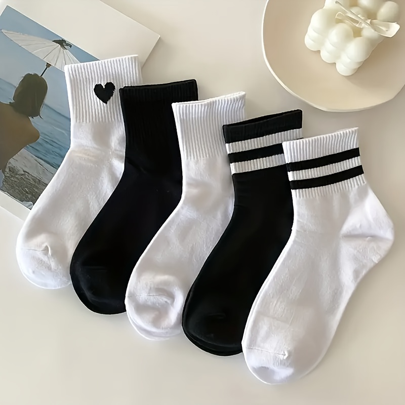 

5pcs Women's Summer Thin Ankle Socks - Trendy Striped, Heart, And , Breathable Polyester , Machine Washable, Cute Socks