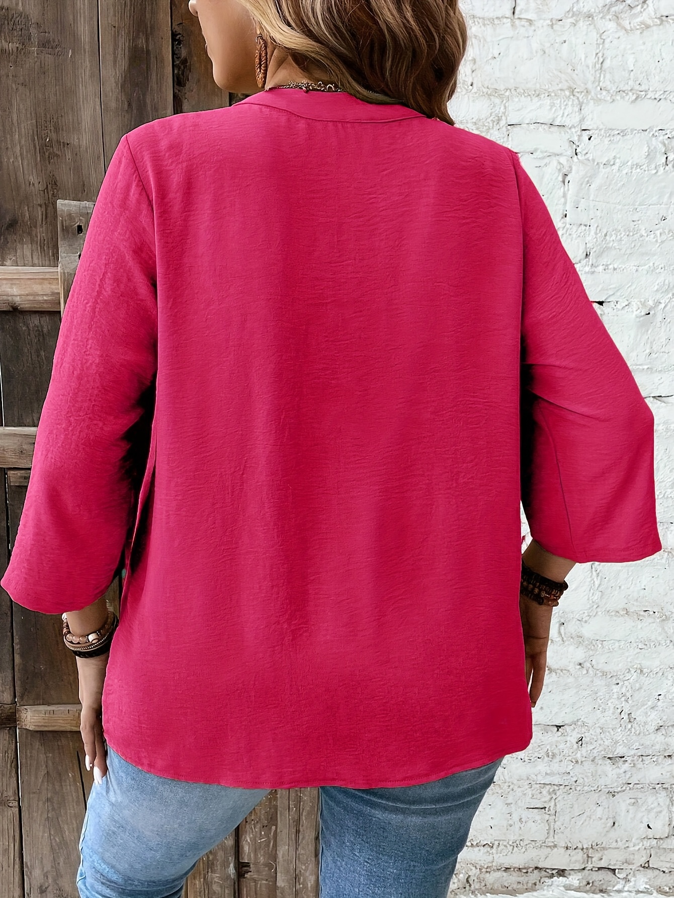 plus size womens plus size lace trim casual button up shirt with rolled sleeves rose red 2
