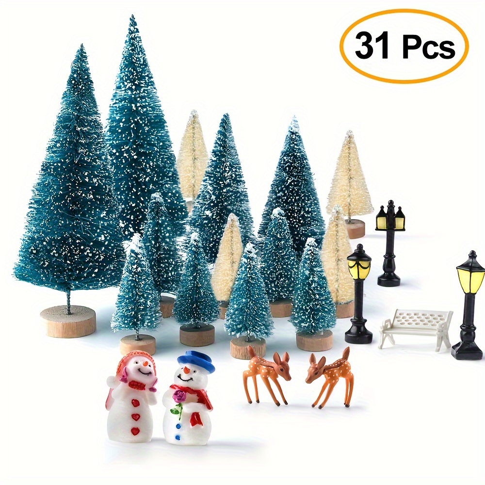 

Mini Christmas Trees Bottle Brush Trees With Reindeer, 31pcs Christmas Village Sets Ornaments For Christmas Decorations Indoor Village Display Platforms Winter Decor