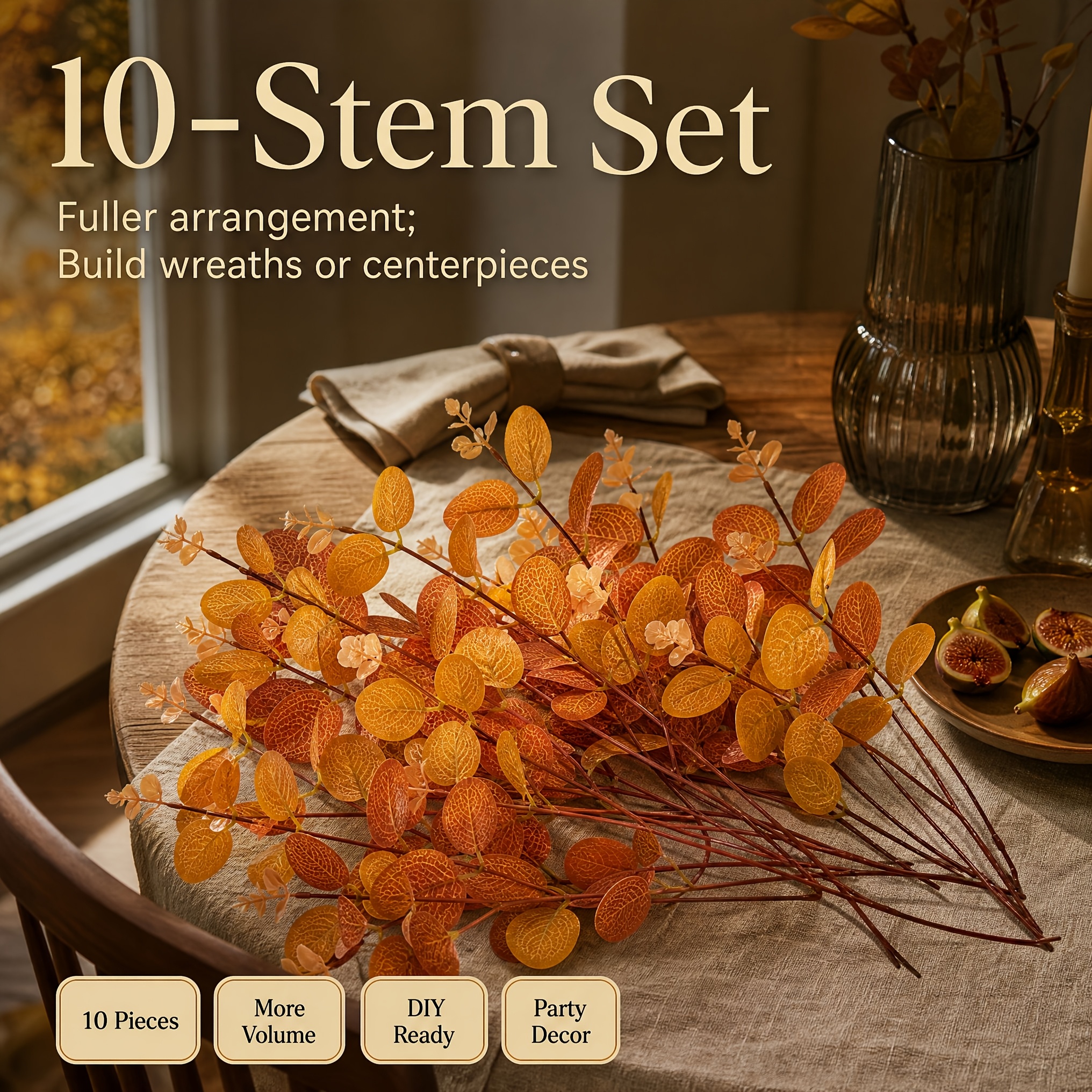 TEMU Lot de 10 feuilles de eucalyptus artificielles de couleur automne, branche de monnaie unique de 30 cm/11,81 pouces, tissu orange jaune vintage,