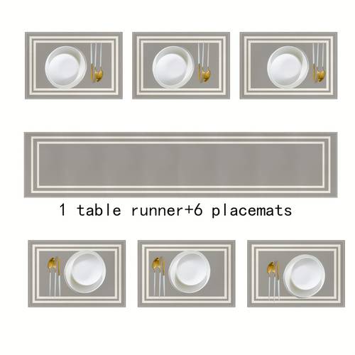 5 7pcs set gray theme with geometric white table runner and placemat set washable table runner and placemats for home kitchen outdoor party dining table runner and placemats