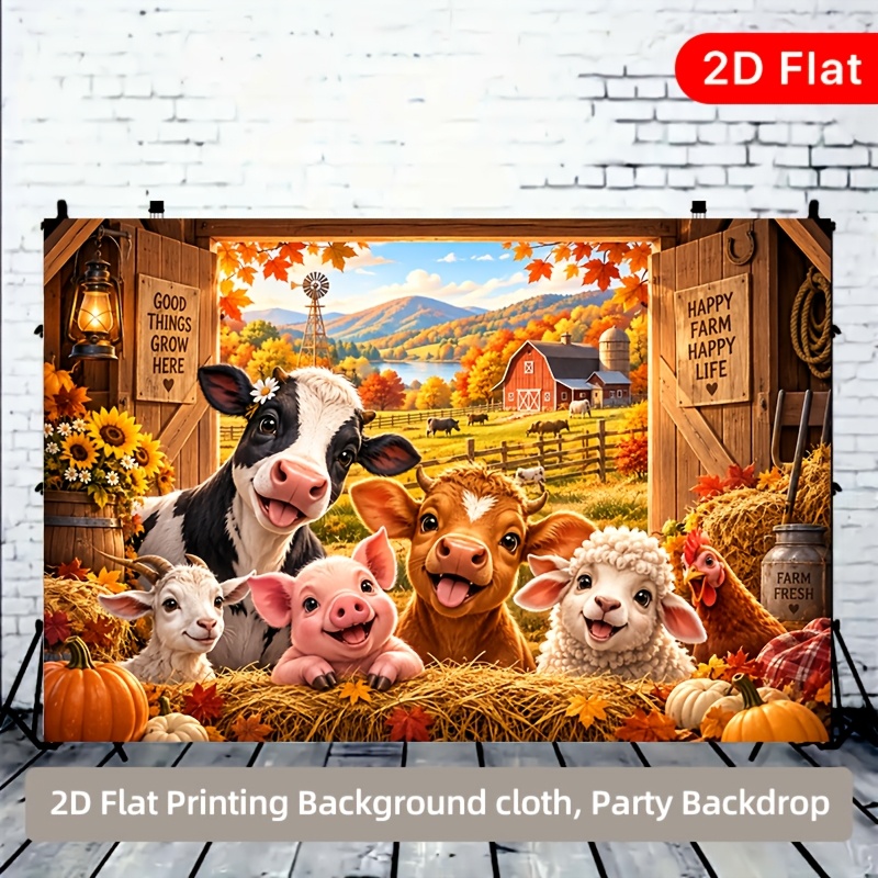 Autumn Farm Animal Background Cloth with Cow, Pig, Horse