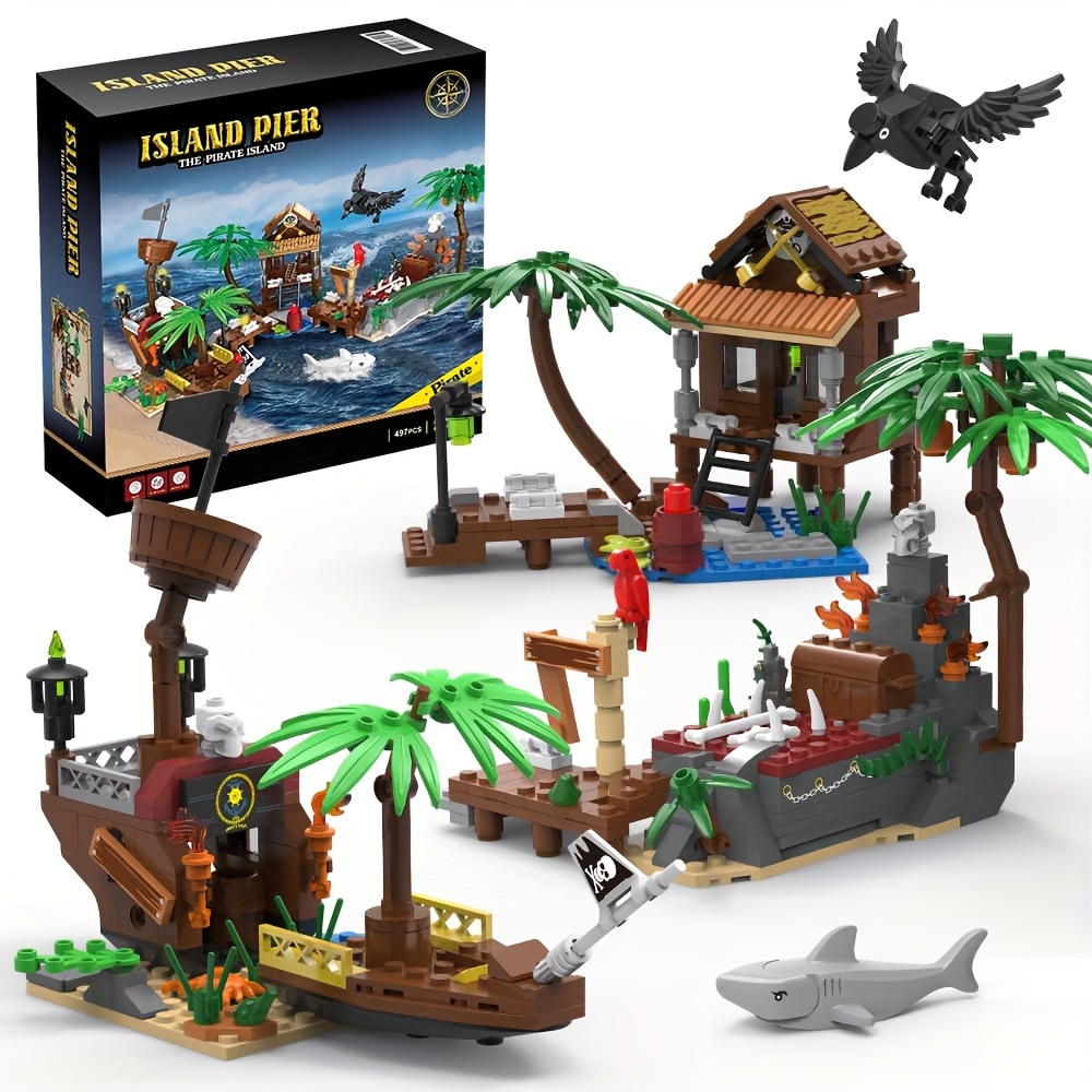 

Pirate Ship Building Brick Toy Set - 497pcs, Shoal Island, Pirate Repair Port, With Sharks, Crow,