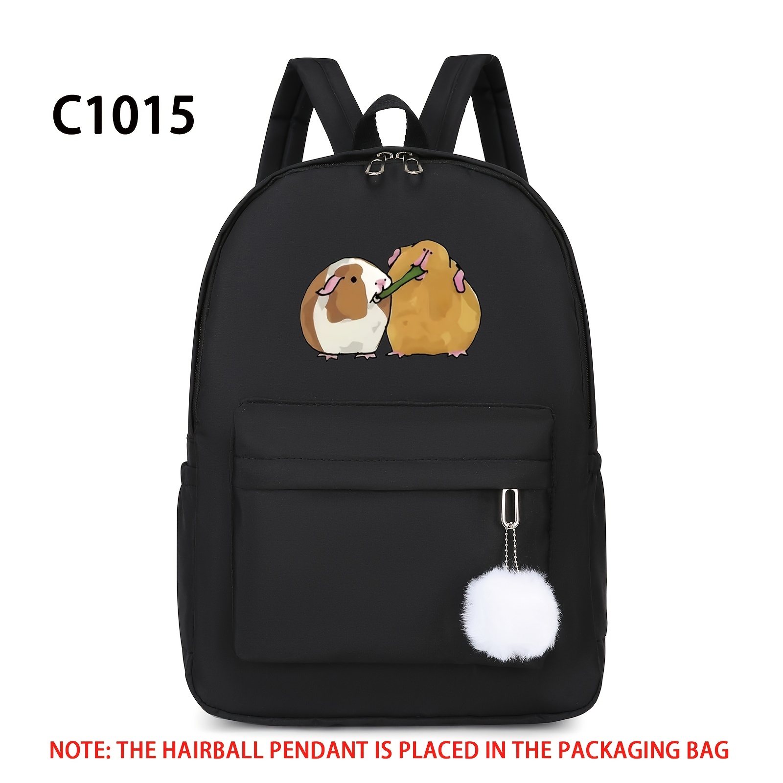 1pc Stylish Black Nylon Backpack With Cute Cartoon Cavia Procellus Design - Large Capacity, Adjustable Straps, Multi-functional For Travel & School, Polyester Lining, Travel Backpack