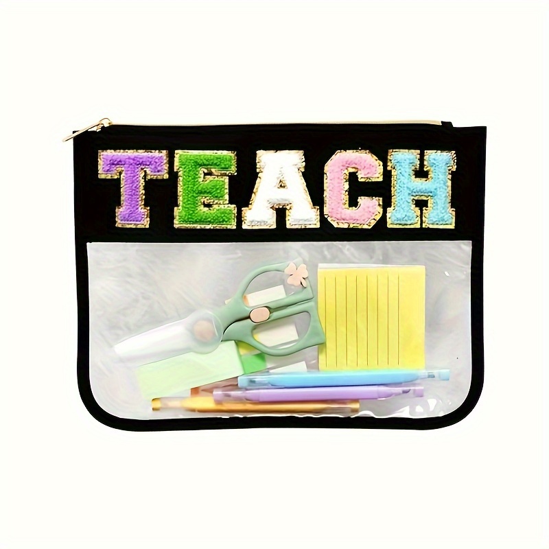 

1pc Chenille Makeup Bag - Teacher , Pvc, Zippered, Portable Toiletry Organizer, For Office Supplies & , You For Educators