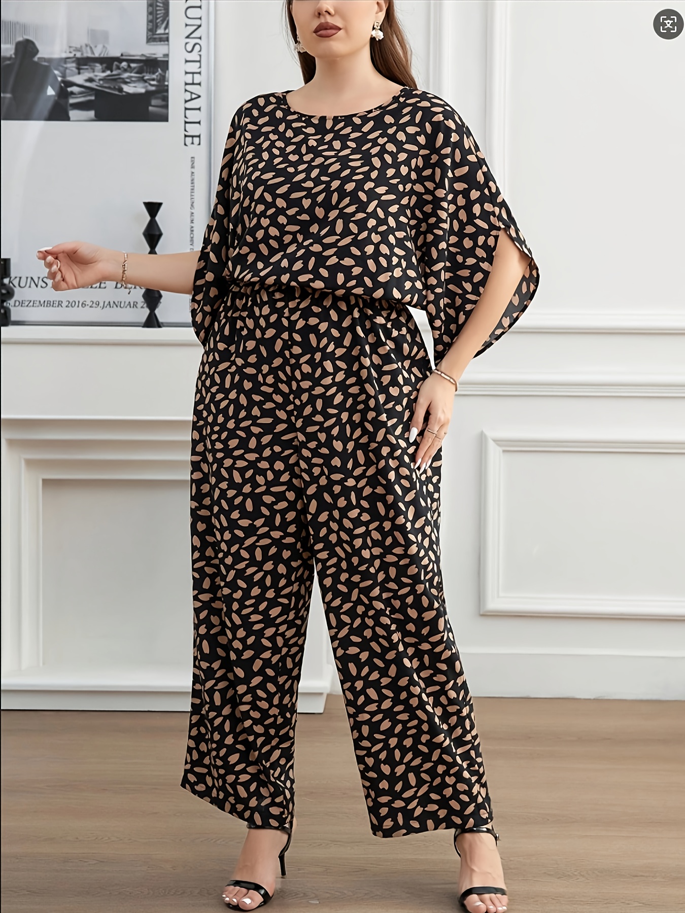 Plus Size Women's Elegant Leopard Print Jumpsuit Wide-Leg Non-Stretch  Fabric, Hand Wash Only, Spring Summer Fall Casual Formal Outfits, Leopard 