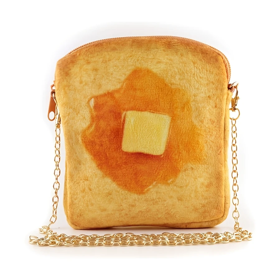 womens toast shaped crossbody bag cute plush lightweight detachable strap zipper closure vibrant yellow cartoon design for casual parties party accessory accessory details 1