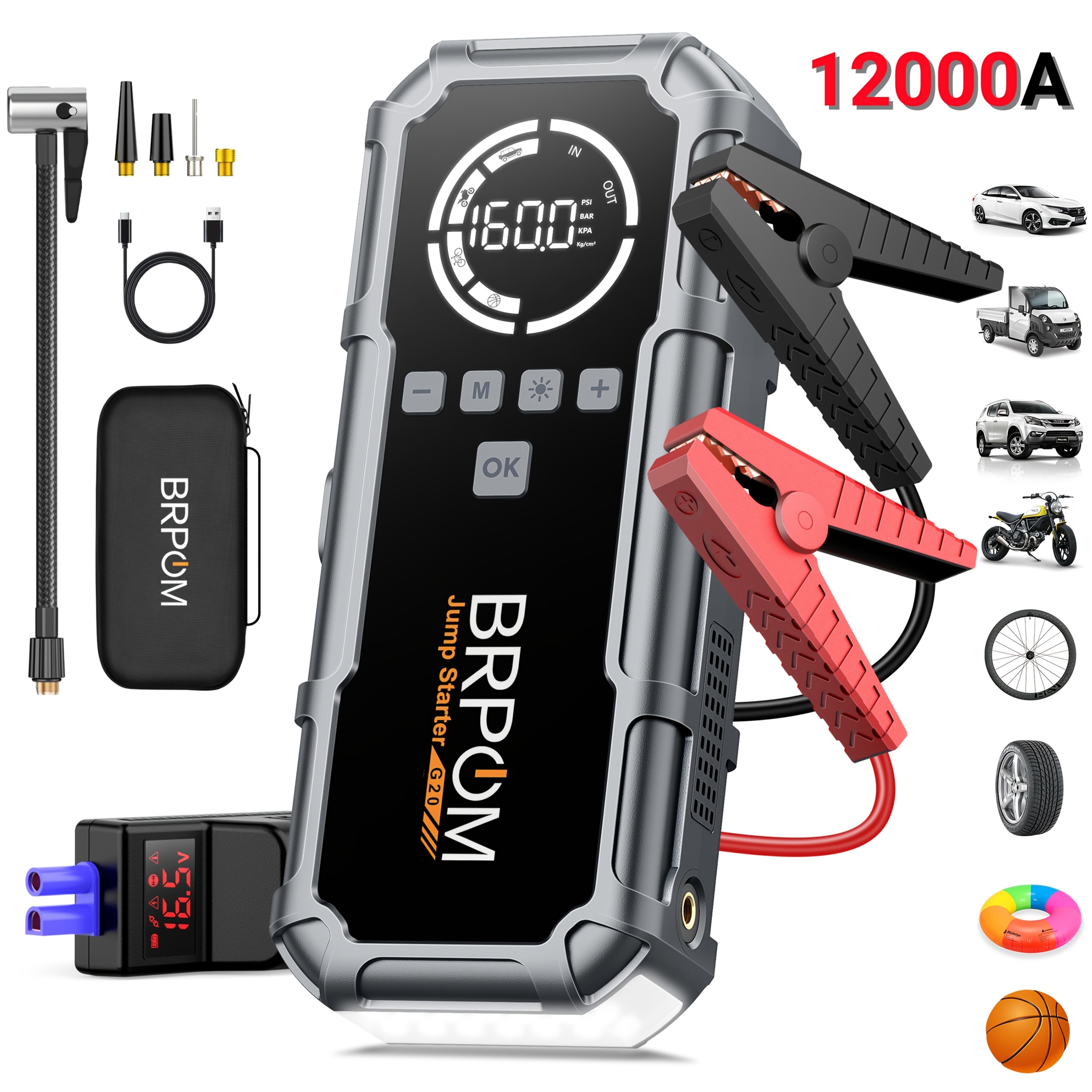 12000a Portable Jump Starter 160psi(all Petrol/12l ), Jump Starter Power Pack With Air Compressor, 12v Power Bank With Jump Clamps, Lcd Screen, Emergency Light