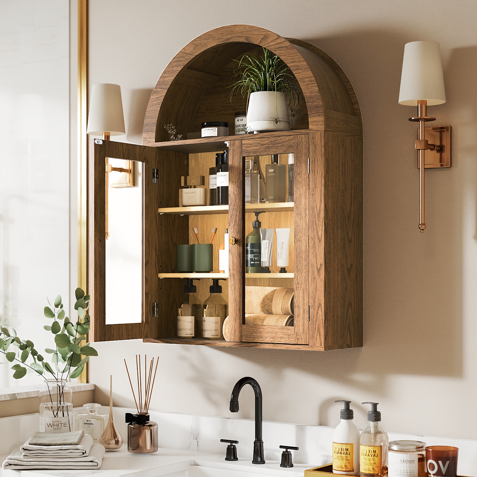 Vintage Wood Bathroom Storage Cabinet - Natural Oak Medicine Cabinet with Adjustable Shelves