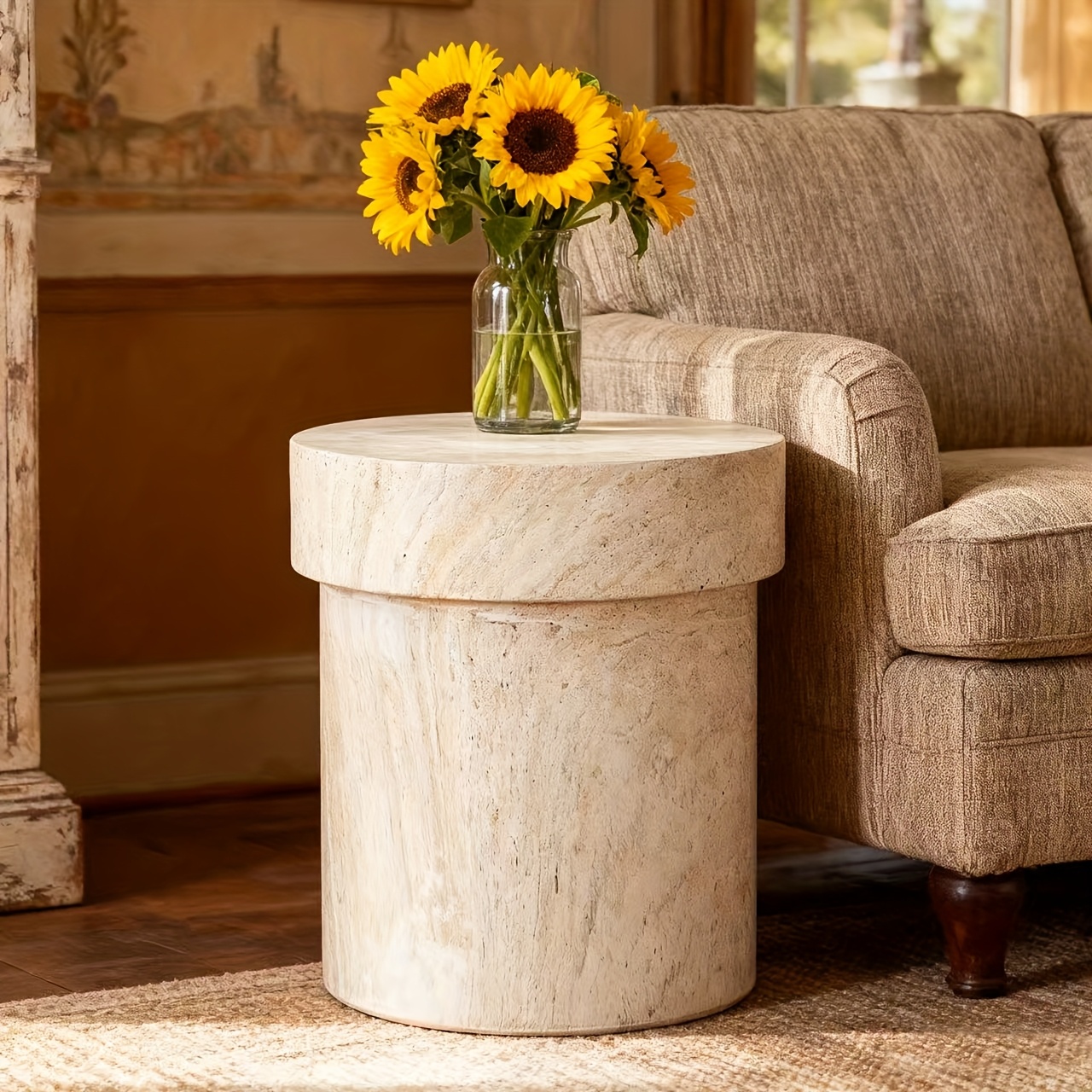 1pc Vintage Natural Stone Side Table, Luxury Bedside Table for Bedroom, Light Luxury Style Accent Table for Living Room