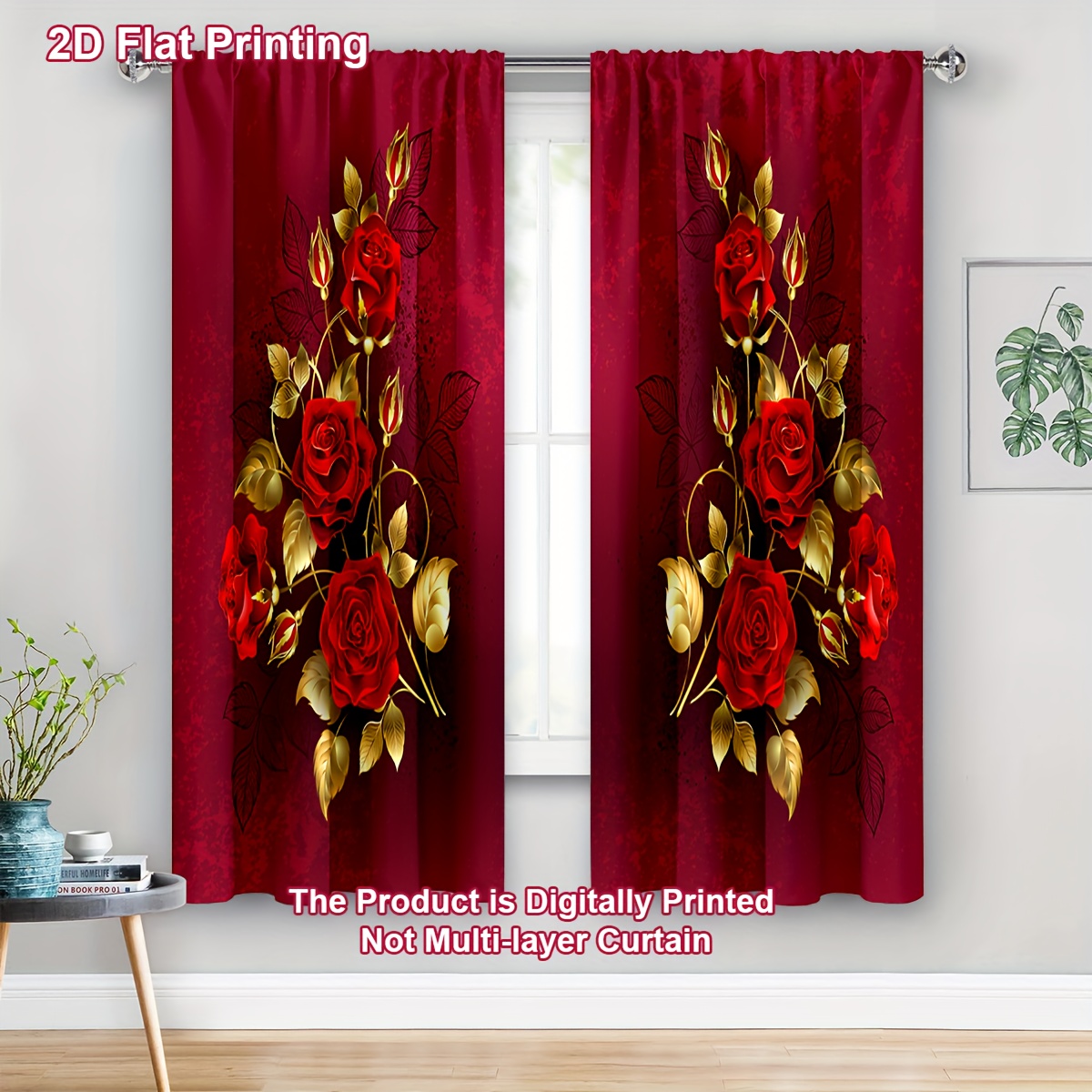 TEMU 2d Flat, 2pcs/ Set 2d Flat Printing Curtain Christmas Decoration Curtain Exquisite Rose Patterned Decorative Curtains, Comfortable Bedroom