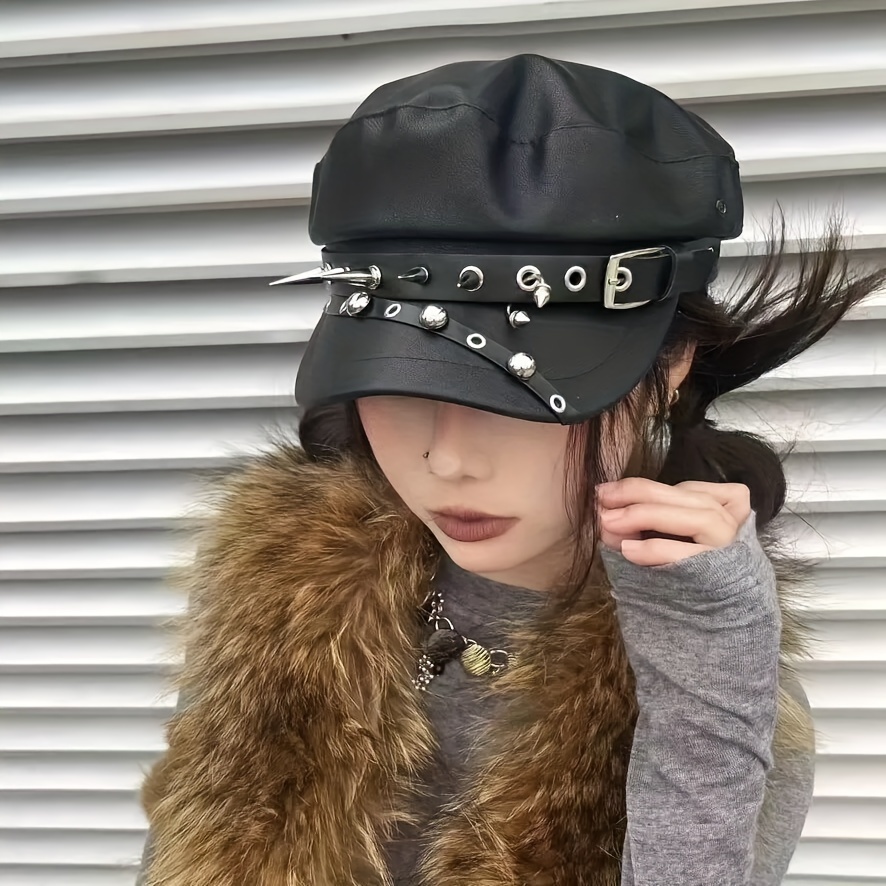 1 womens latest punk beret pu leather navy beret - Temu display picture 1