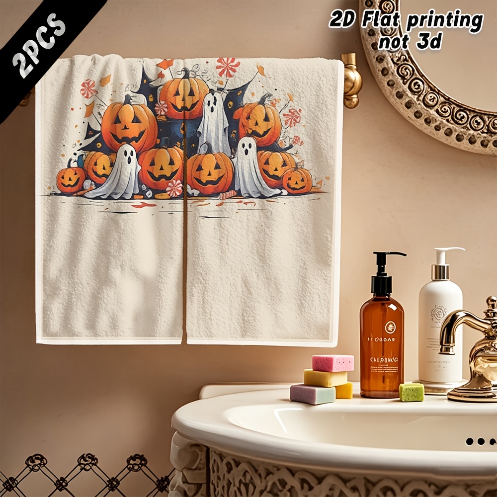 item picture 2pcs cute halloween pumpkin and ghost themed exquisite patterned hand towels soft microfiber fashionable casual soft and   quick drying suitable for bathroom toilet kitchen etc wedding favors holiday   and parties