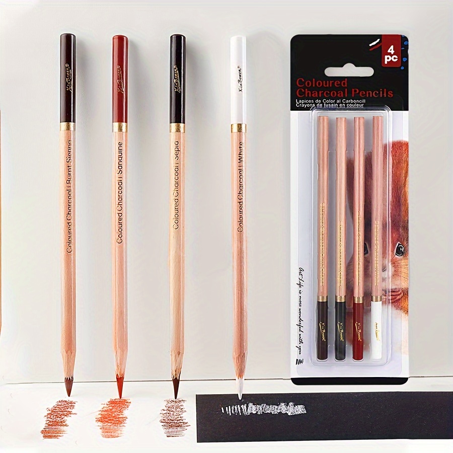 Image of 4pcs Colored Charcoal Pencils For Drawing- Charcoal Pencils For Sketching,shading,blending,portrait - Ideal For Beginners & Artists