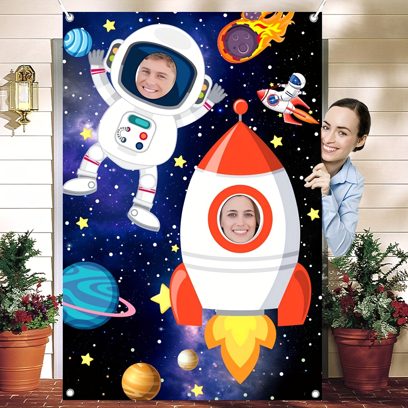 

Space-themed Birthday Party Decorations - Astronaut Photo Booth Props, Planet Backdrop Banner For Boys' Celebration