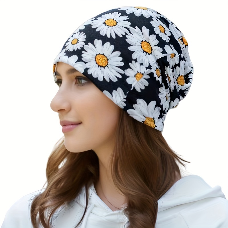 

Flower Print Slouchy Beanie Lightweight Elastic Chemo Hats Stylish Thin Pullover Cap For Women