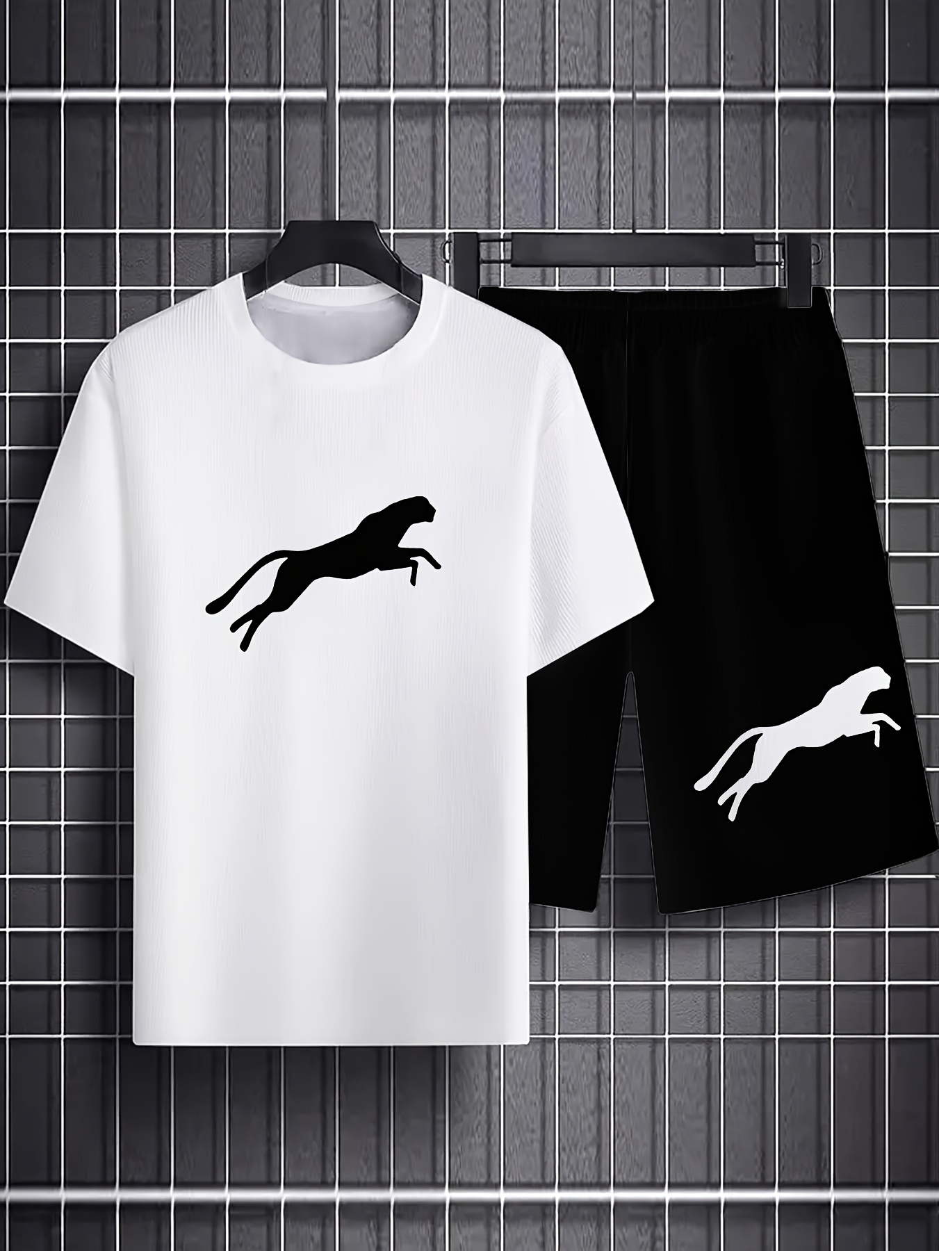 Leopard Print 3D Men's Casual Sportswear Set - Breathable Polyester Knit Fabric, Crew Neck Short Sleeve T-Shirt and Shorts Combo, Regular Fit for All Seasons