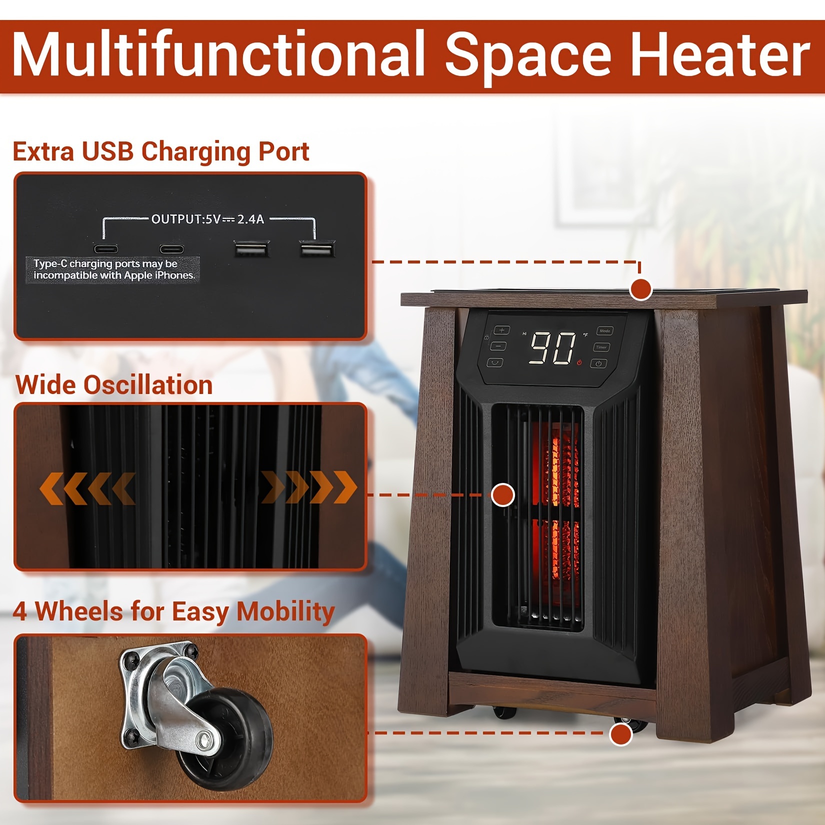 Quartz Infrared Heaters For Indoor Use, Heating Elements Energy With  Remote Control, 12H On Off Timer, Filter, USB Type C