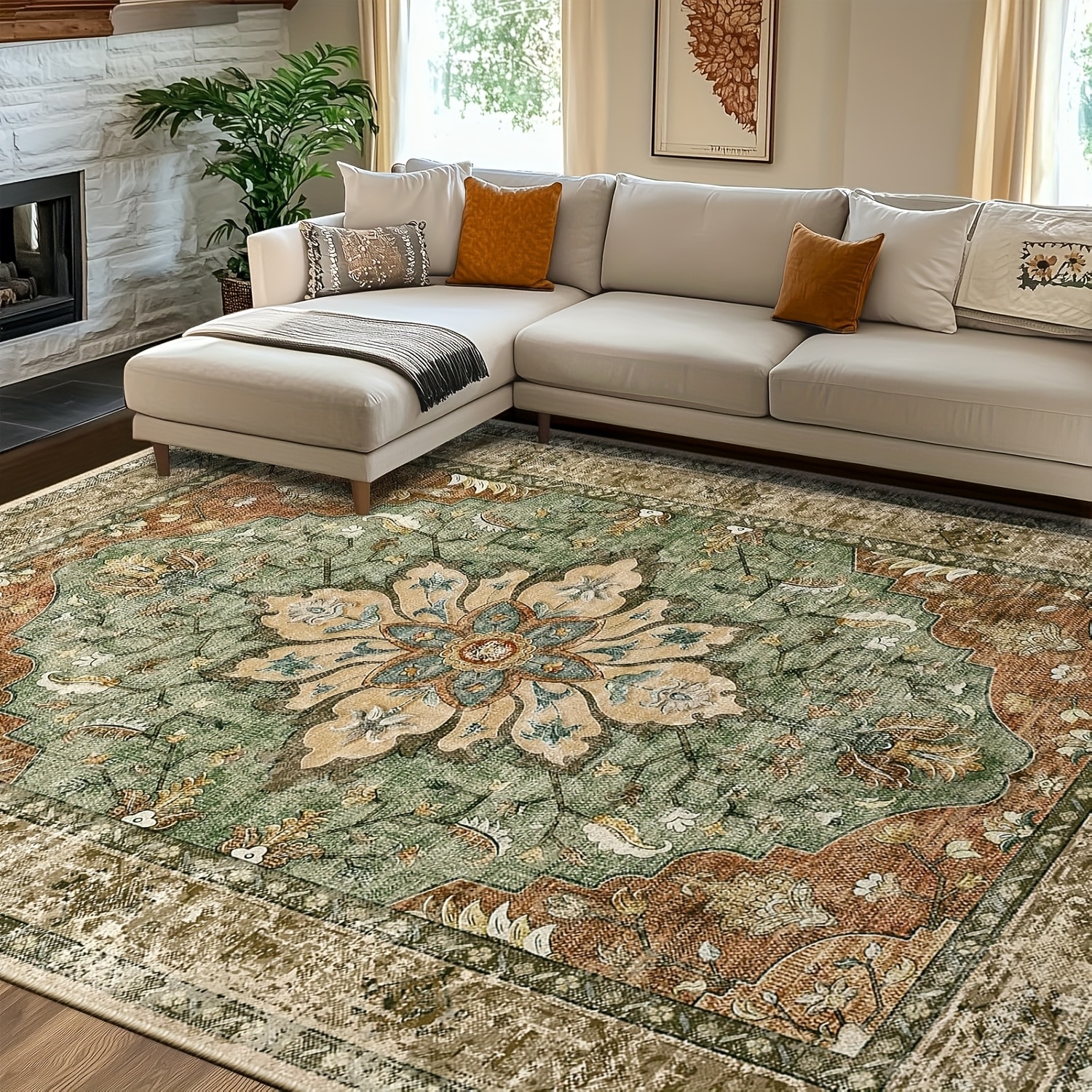 Image of Oversized Living Room Carpet, Large Area Carpet, Machine Washable Anti-slip Flower Retro Printed Pattern Carpet Suitable For Living Rooms And Bedrooms