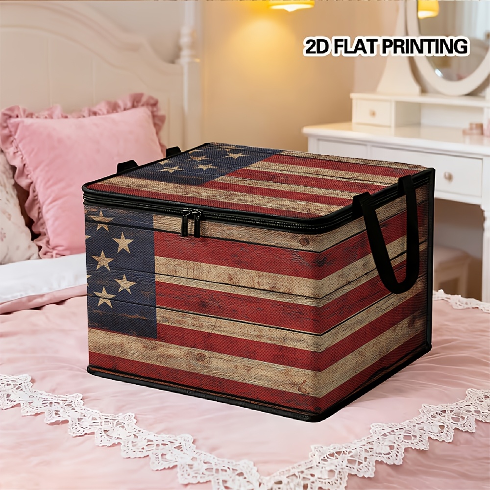 TEMU 1pc 2d Flat Printed Storage Box With Lid And Zipper | American Flag Pattern, Suitable For Organizing Clothes,, And Gifts, Multifunctional