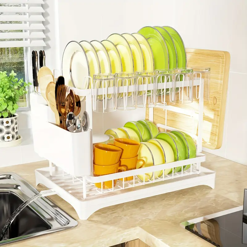 dish drying rack 2 tier dish racks for kitchen counter dish rack with mat dish drainer with knife fork cup rack gifts for women mothers day cool stuff kitchen gadgets Product details 0