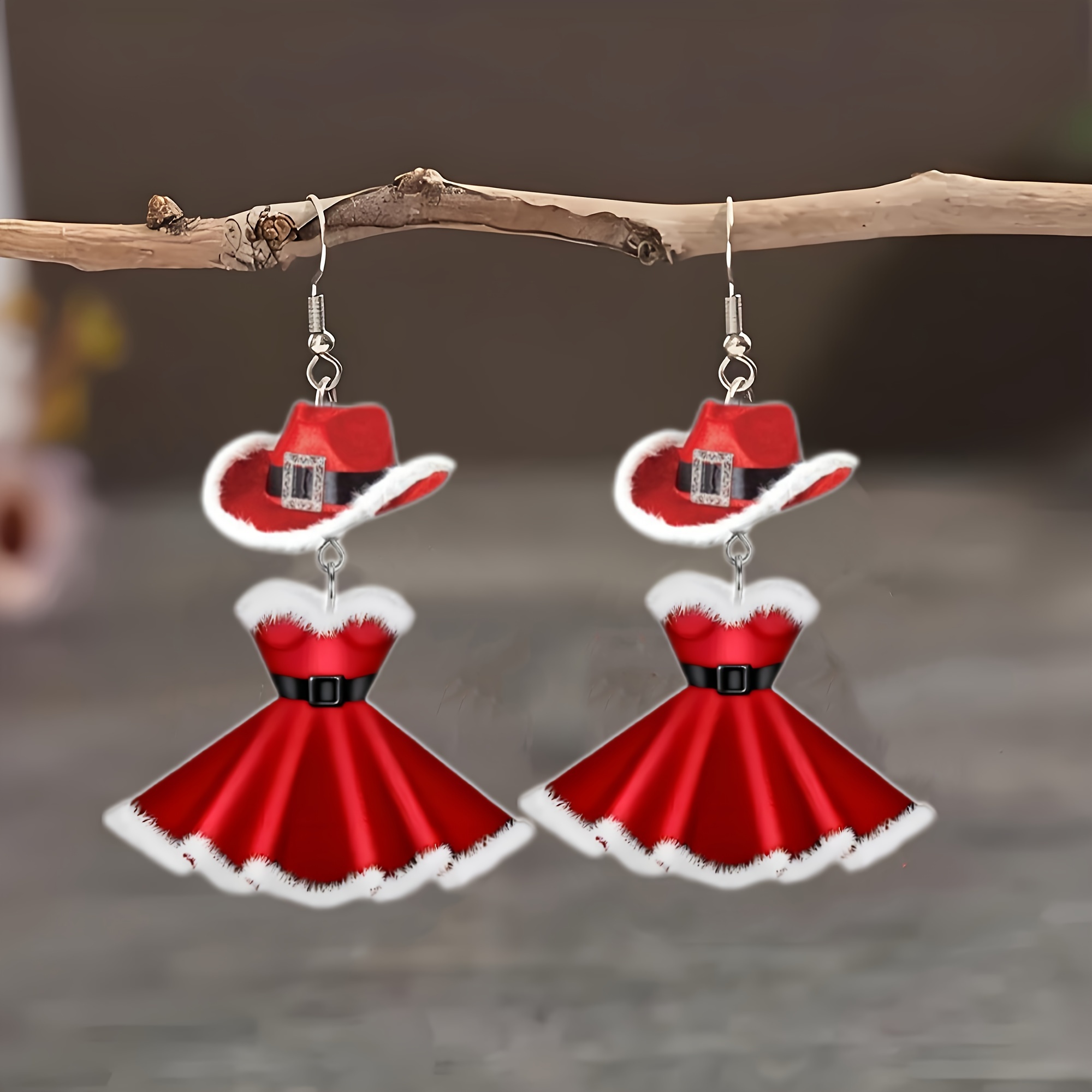 

Christmas Dress And Hat Earrings - Acrylic 2d Long Drop Dangle Earrings For Men And Women, Unique Jewelry For Holiday Party, Santa Claus Theme, Perfect Christmas Eve Gift, Pair Pack