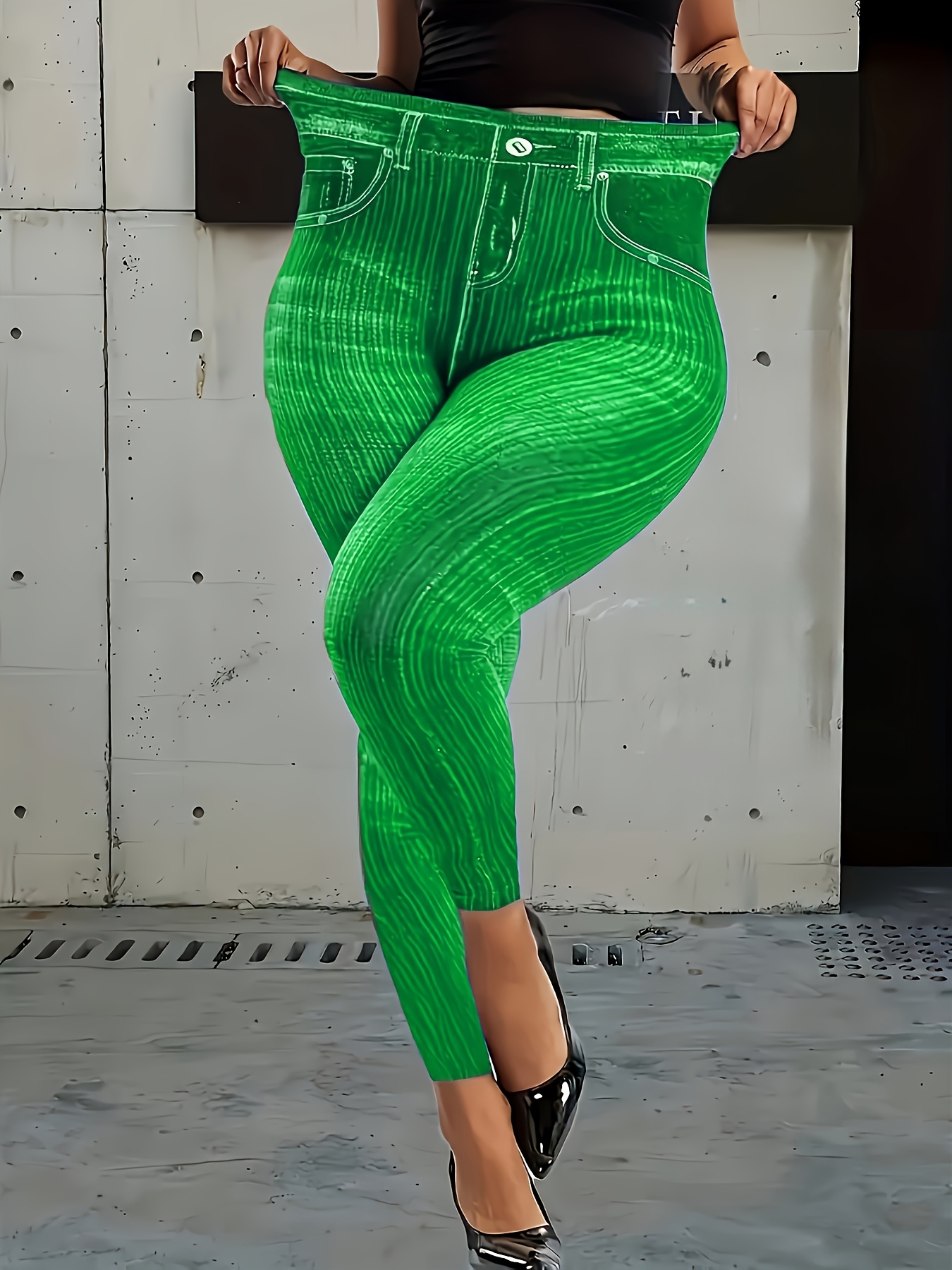 Women'S Plus Size Geometric-Pattern Skinny Pants, High Stretch Knit Fabric, Asymmetrical Detail, Polyester 95% Elastane 5%, All-Season Casual Base Layer Trousers, 180g/m?