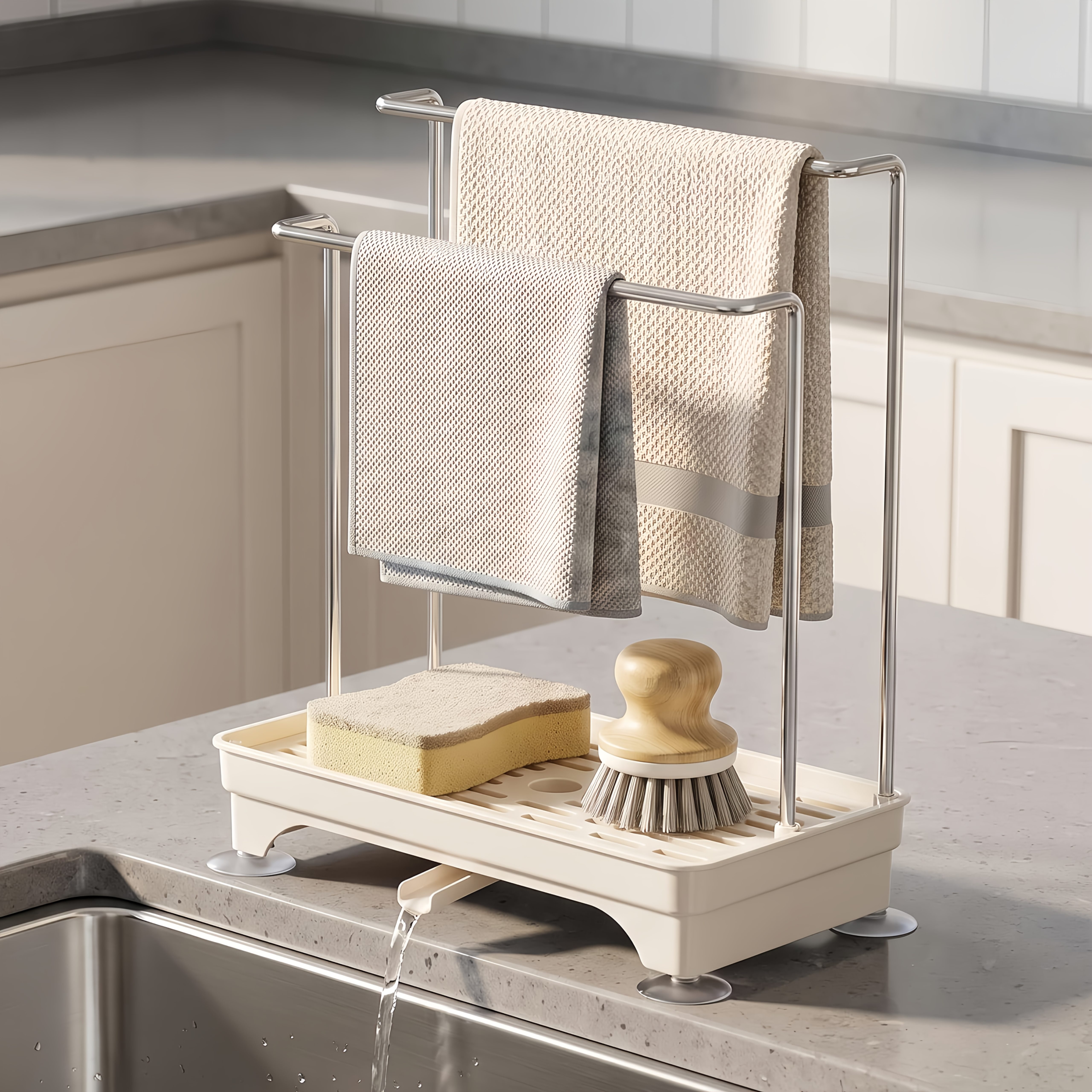TEMU 1pc Stainless Steel Kitchen Sink Organizer Rack - Countertop Dish Towel Holder With Drain Feature, Durable 201 Stainless Steel Cloth Rack For