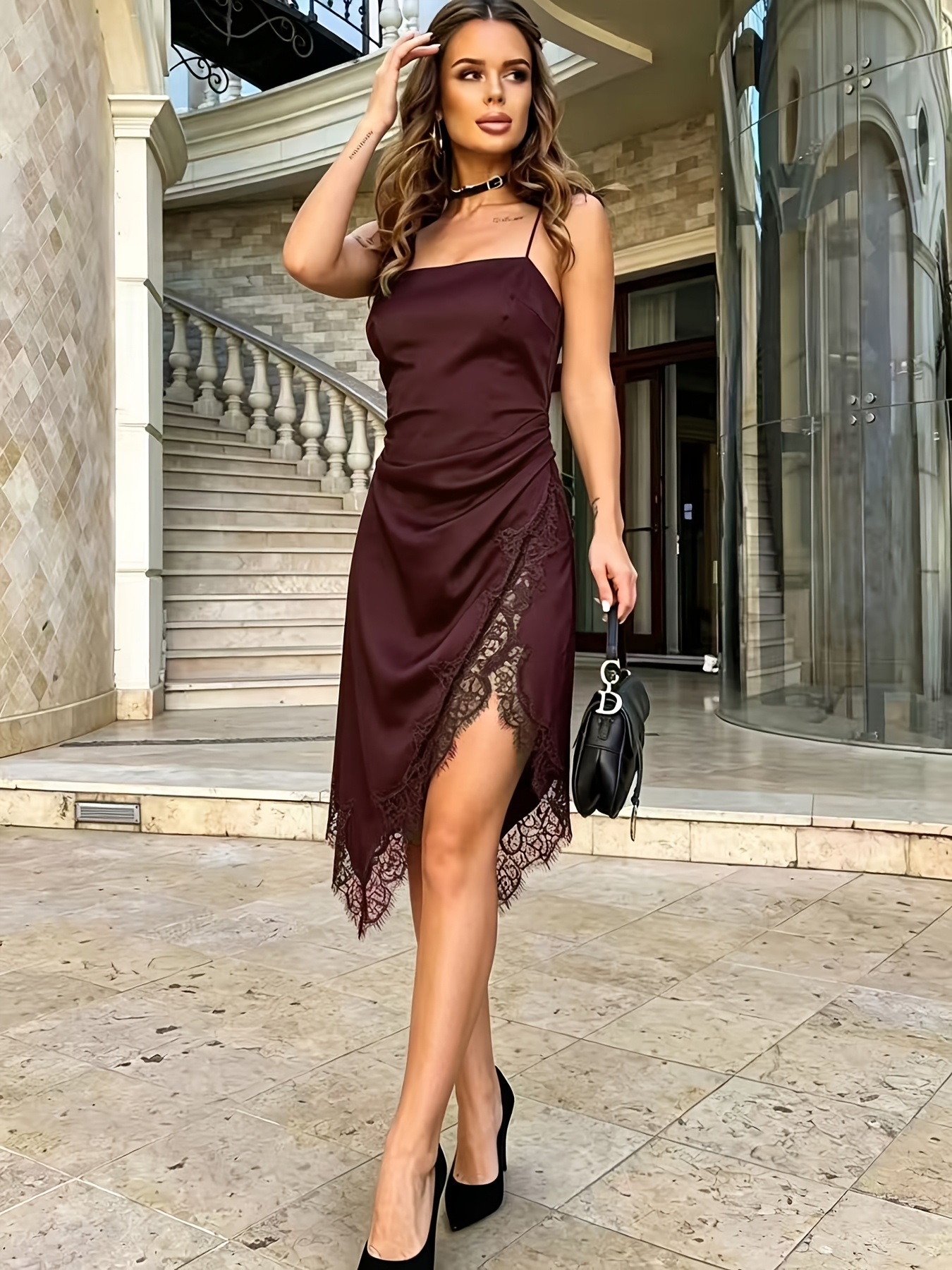womens lace cami dress asymmetrical hem lace panel fabric - Temu
